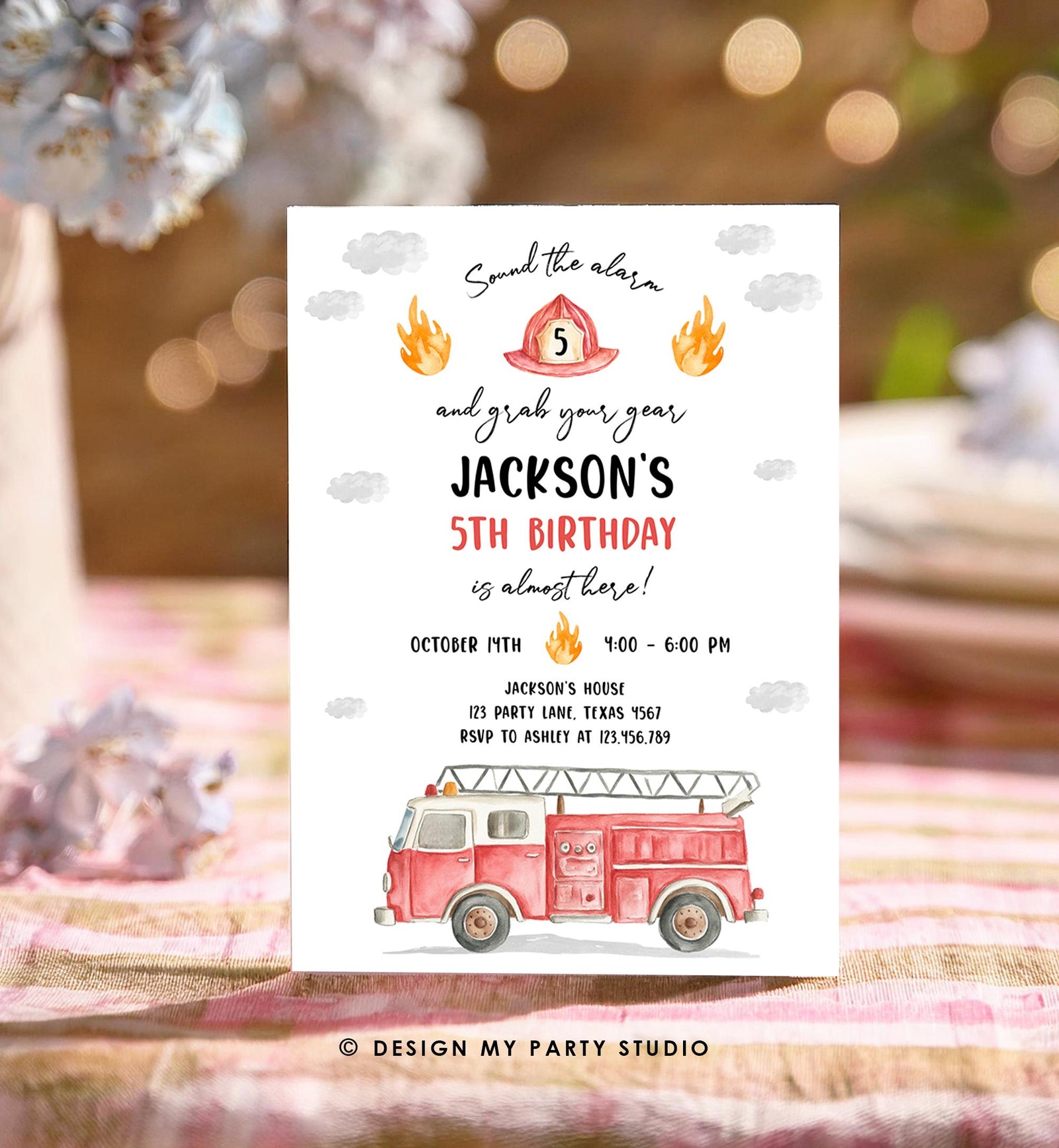 Editable Fire Truck Birthday Invitation Boy Firetruck Firefighter Fire Engine Sound the Alarm Digital Download Evite Template Printable 0564