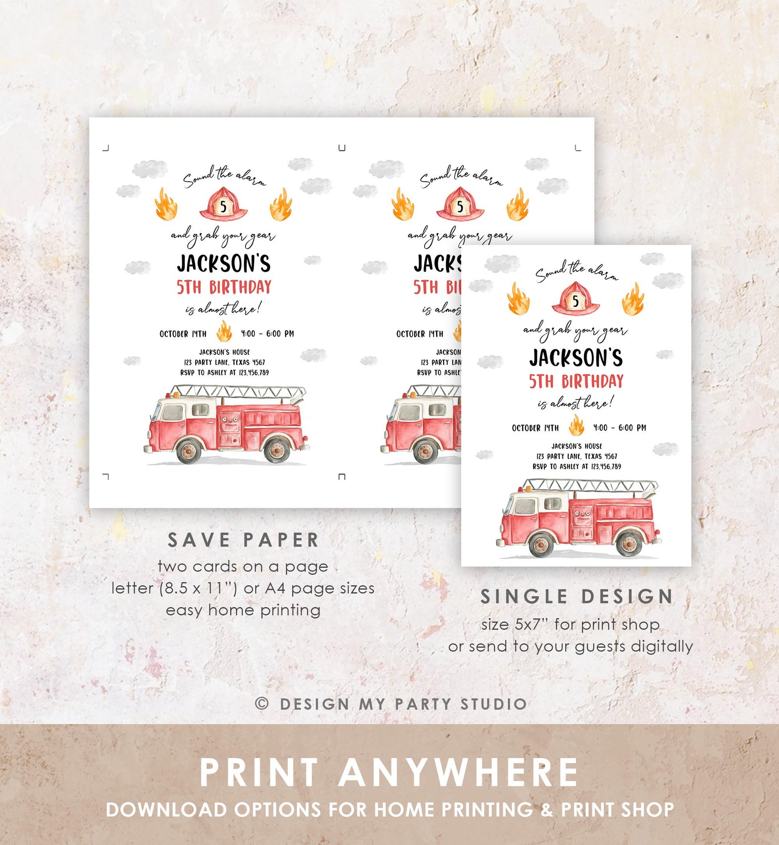 Editable Fire Truck Birthday Invitation Boy Firetruck Firefighter Fire Engine Sound the Alarm Digital Download Evite Template Printable 0564