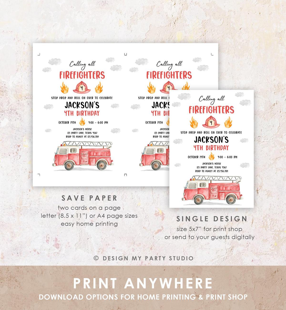 Editable Calling All Firefighters Birthday Invitation Firetruck Fire Truck Boy Birthday Party Digital Download Evite Template Printable 0564