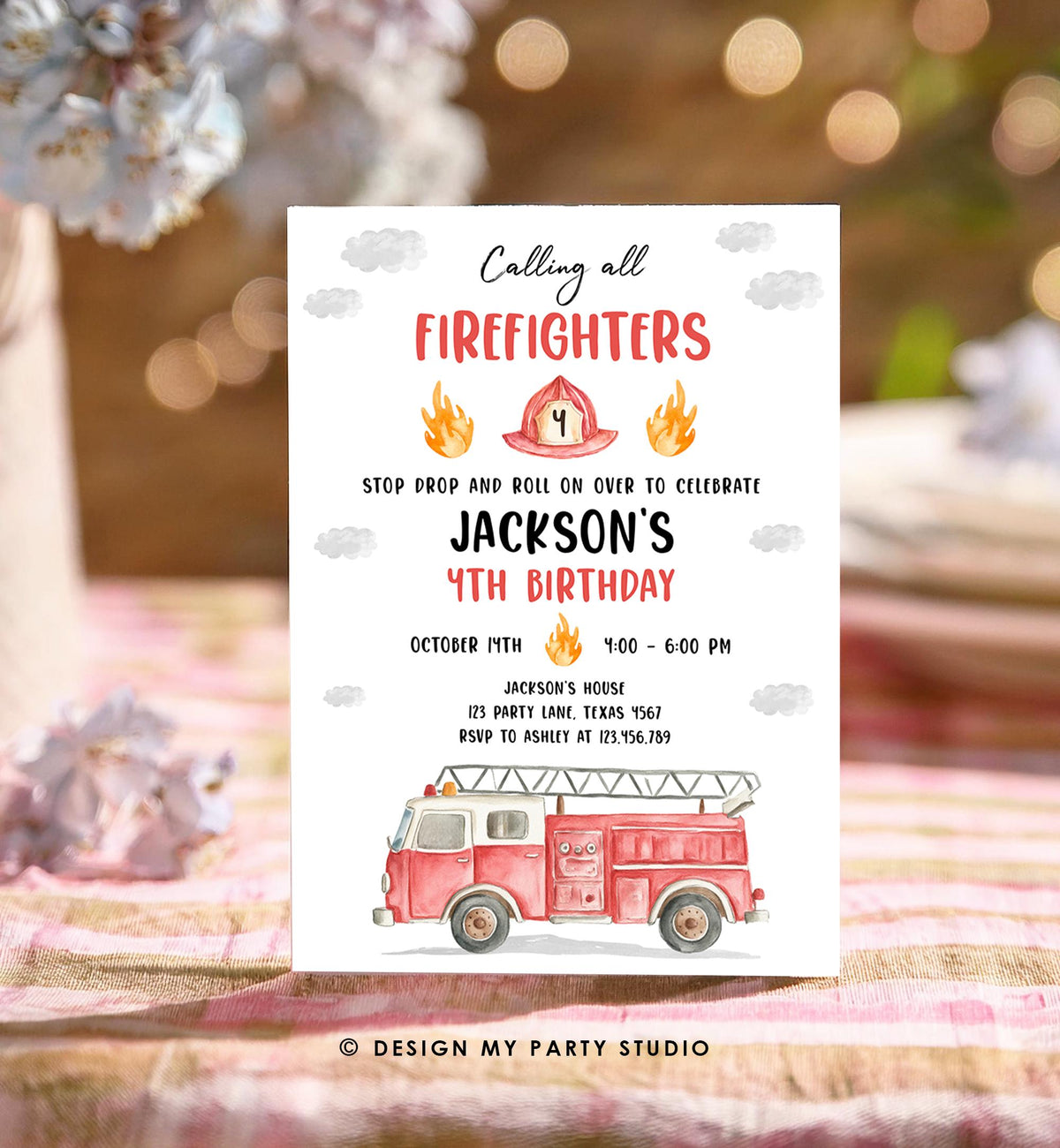Editable Calling All Firefighters Birthday Invitation Firetruck Fire Truck Boy Birthday Party Digital Download Evite Template Printable 0564