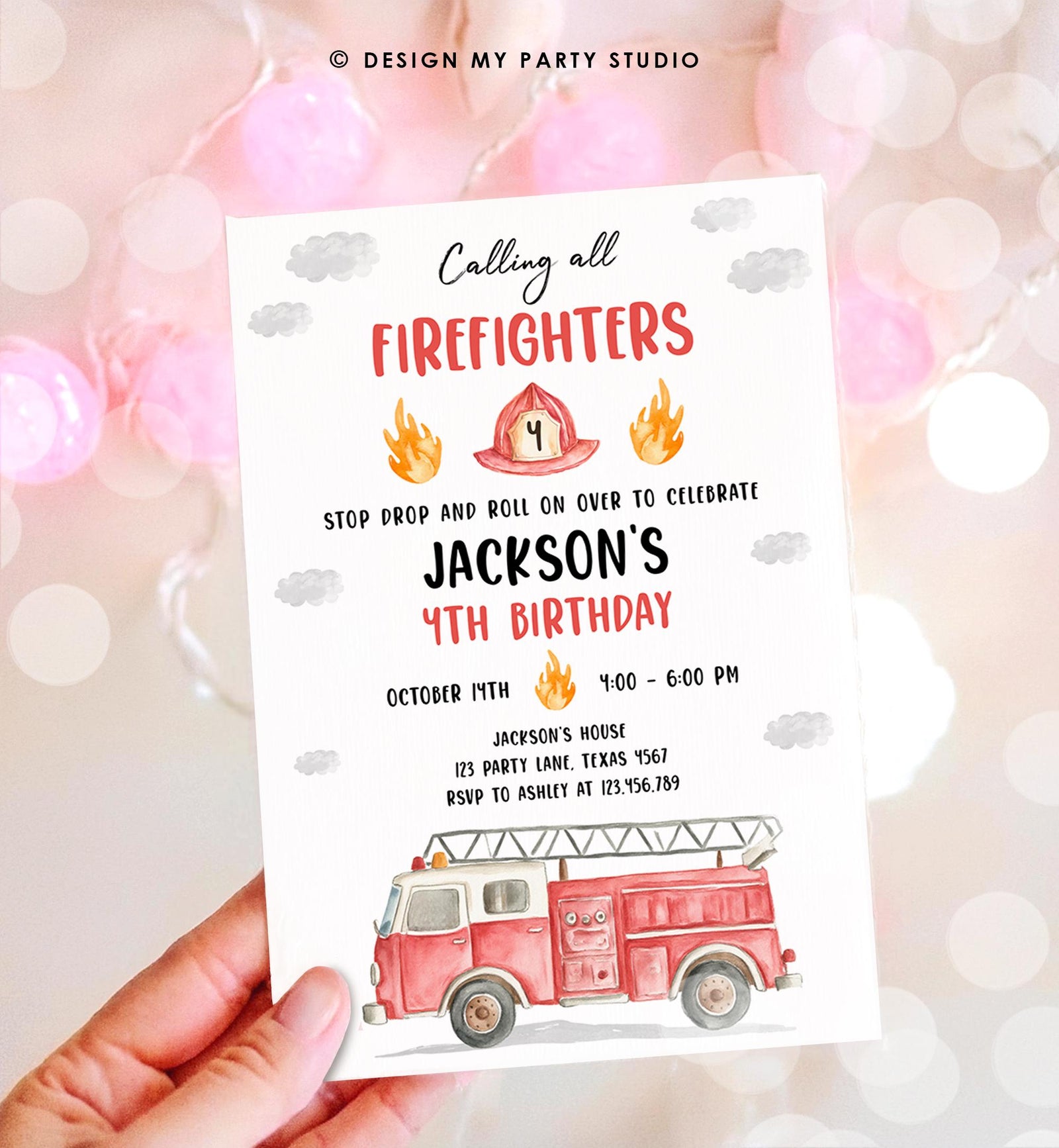 Editable Calling All Firefighters Birthday Invitation Firetruck Fire Truck Boy Birthday Party Digital Download Evite Template Printable 0564