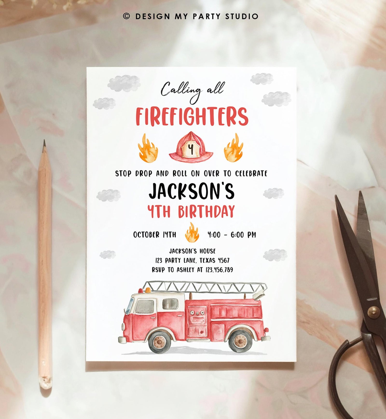 Editable Calling All Firefighters Birthday Invitation Firetruck Fire Truck Boy Birthday Party Digital Download Evite Template Printable 0564