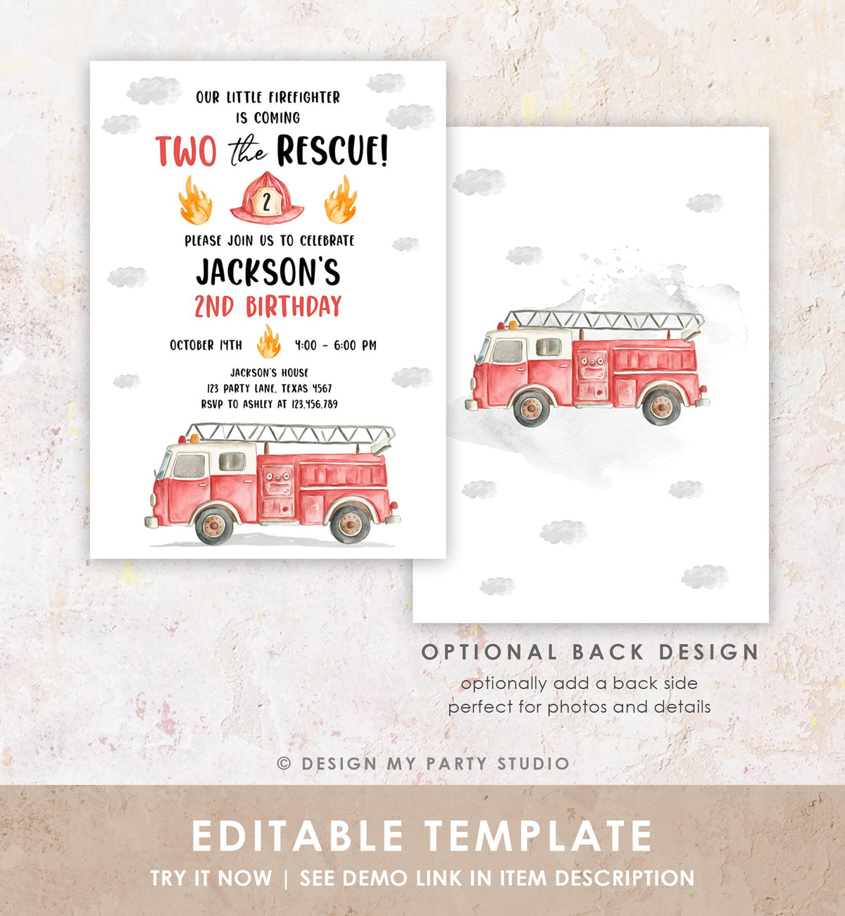 Editable Two the Rescue Birthday Invitation Firetruck Firefighter Boy 2nd Second Birthday Digital Download Evite Template Printable 0564