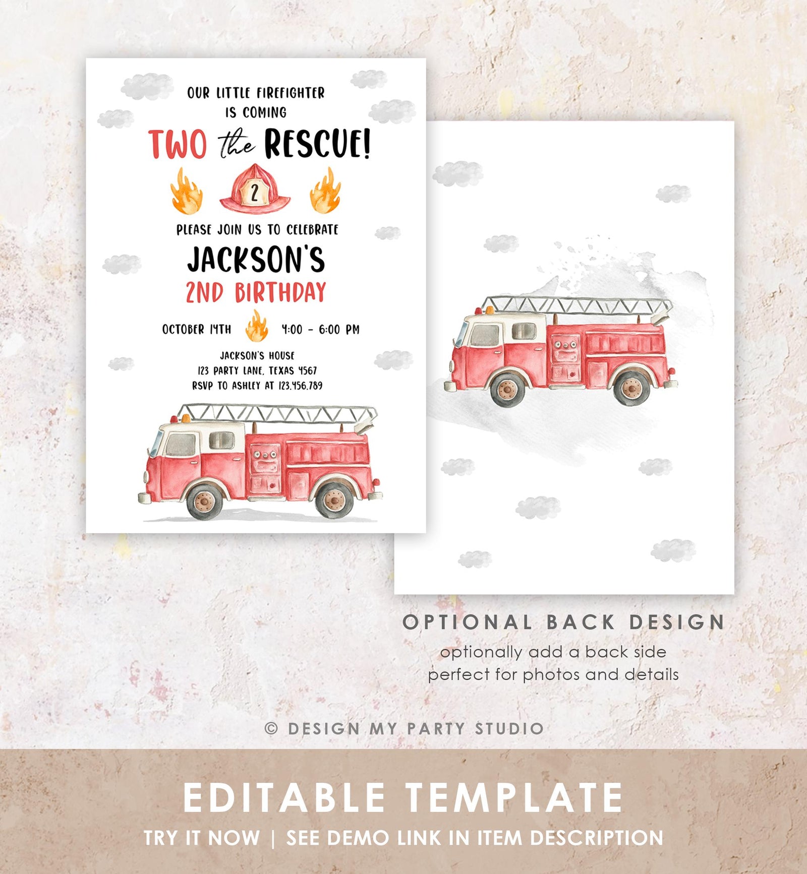 Editable Two the Rescue Birthday Invitation Firetruck Firefighter Boy 2nd Second Birthday Digital Download Evite Template Printable 0564