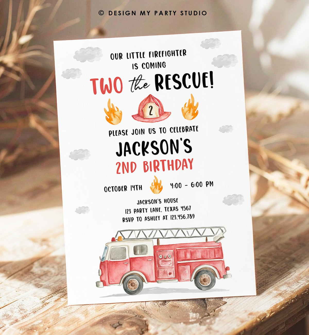 Editable Two the Rescue Birthday Invitation Firetruck Firefighter Boy 2nd Second Birthday Digital Download Evite Template Printable 0564