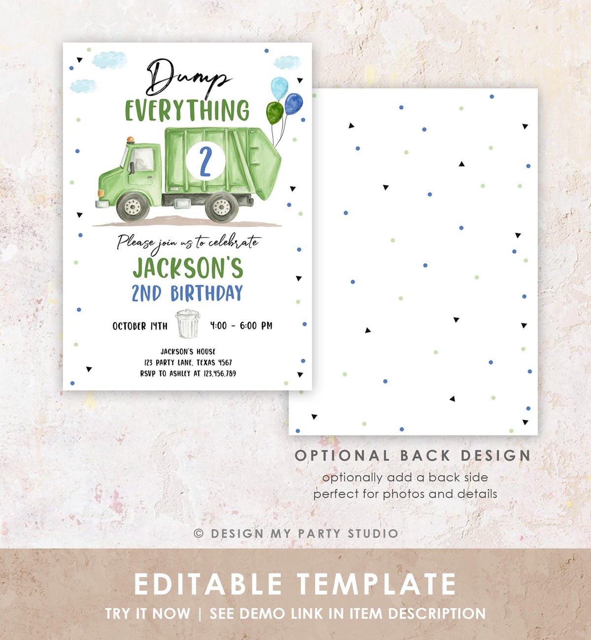 Editable Garbage Truck Birthday Invitation Trash Can Green Truck Boy Birthday Party Digital Evite Template Printable 0565