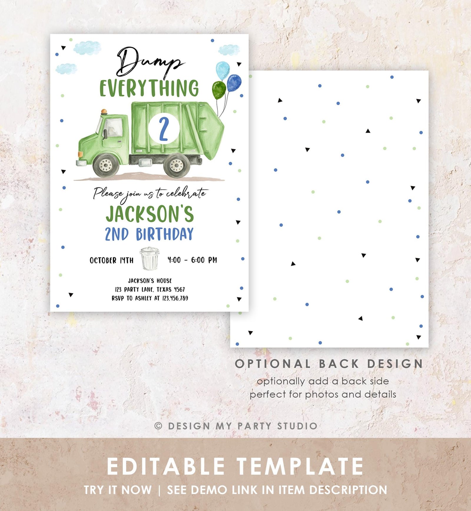 Editable Garbage Truck Birthday Invitation Trash Can Green Truck Boy Birthday Party Digital Evite Template Printable 0565