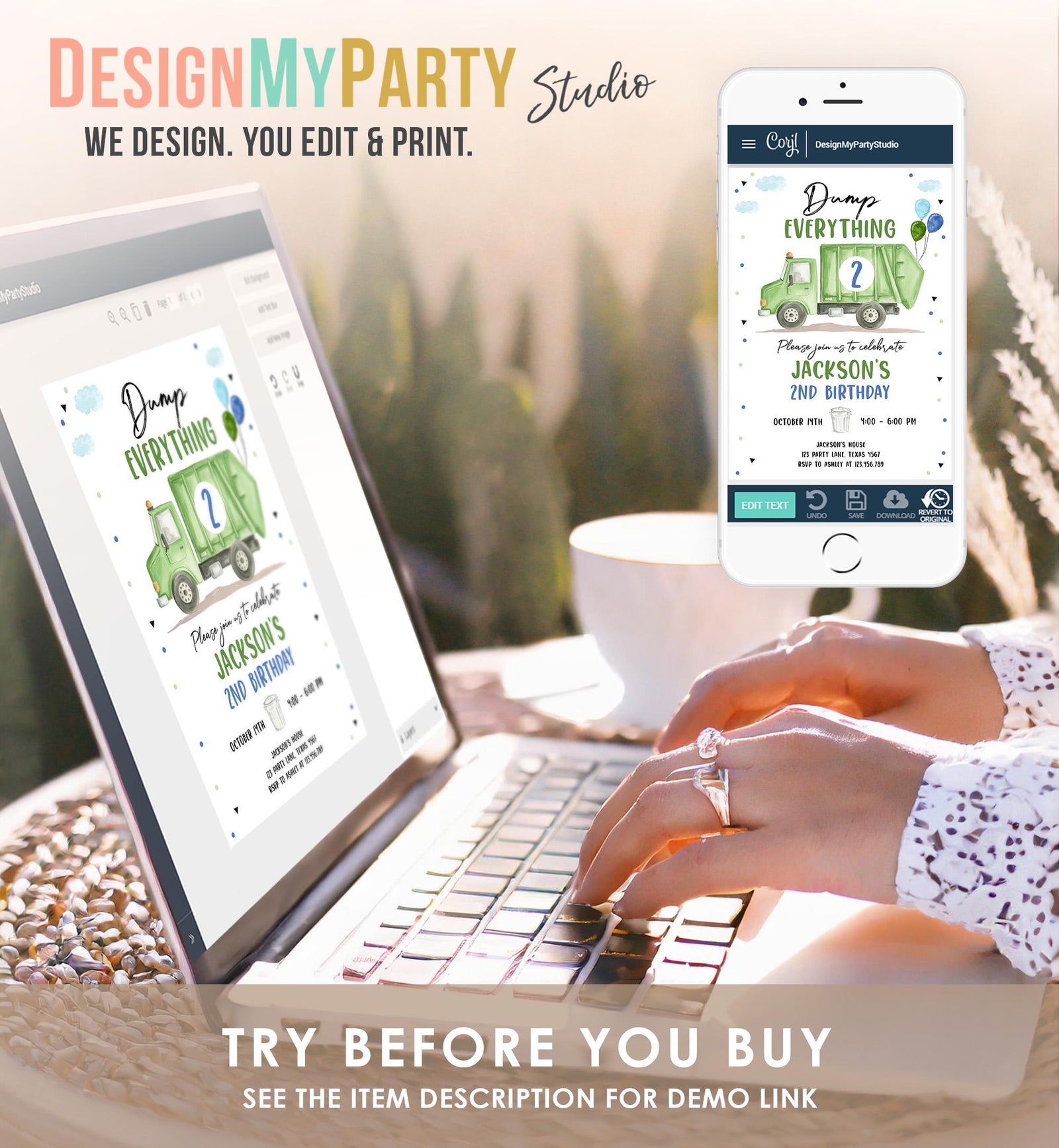 Editable Garbage Truck Birthday Invitation Trash Can Green Truck Boy Birthday Party Digital Evite Template Printable 0565