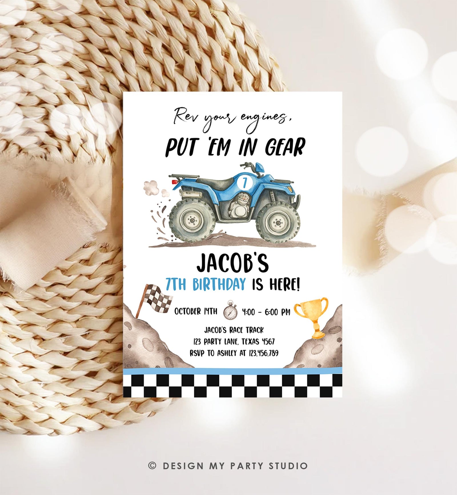 Editable Quad Birthday Invitation ATV Rev Your Engines Race on Over Off-Road Vehicle Blue Boy Digital Template Printable 0566
