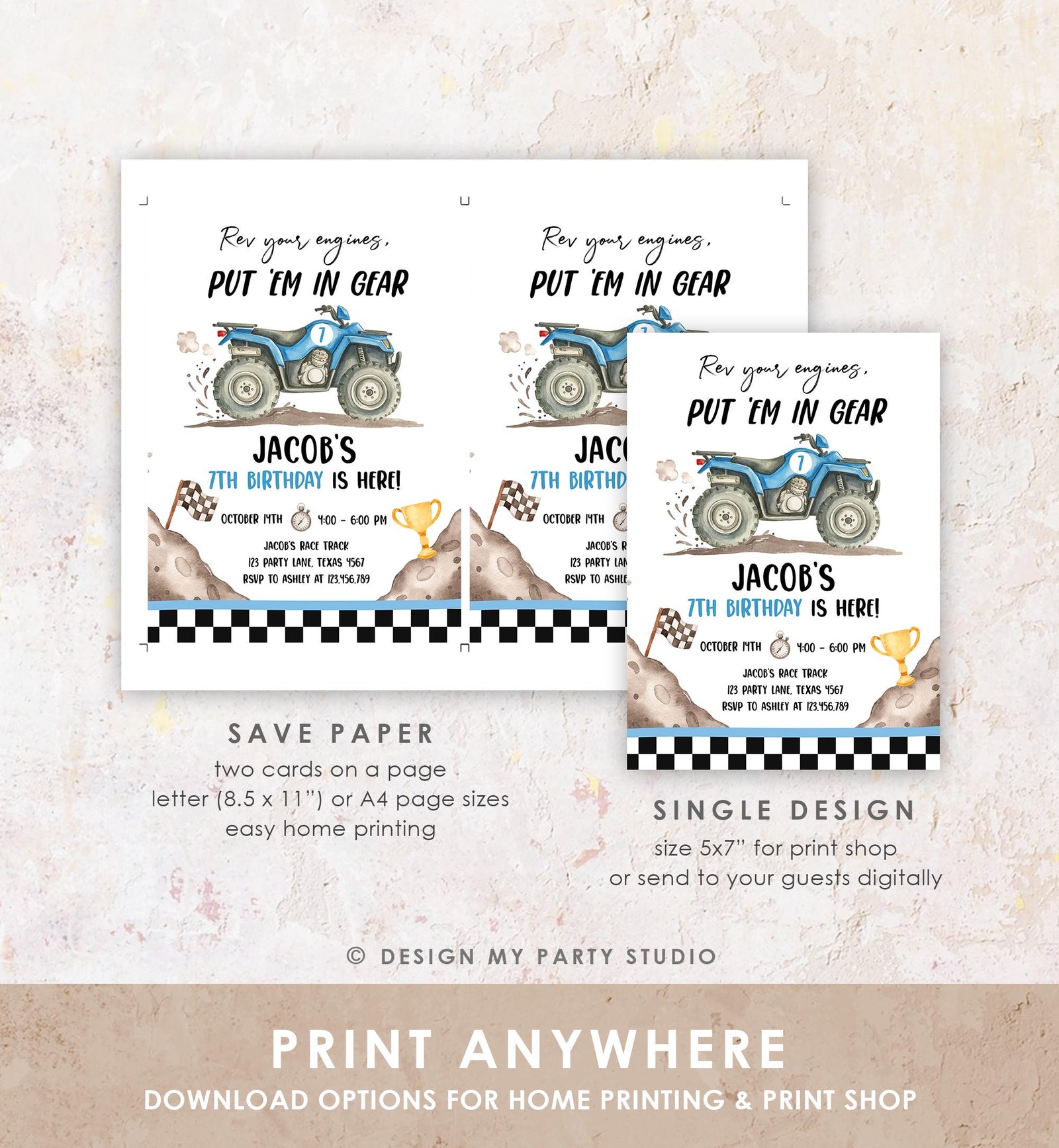 Editable Quad Birthday Invitation ATV Rev Your Engines Race on Over Off-Road Vehicle Blue Boy Digital Template Printable 0566