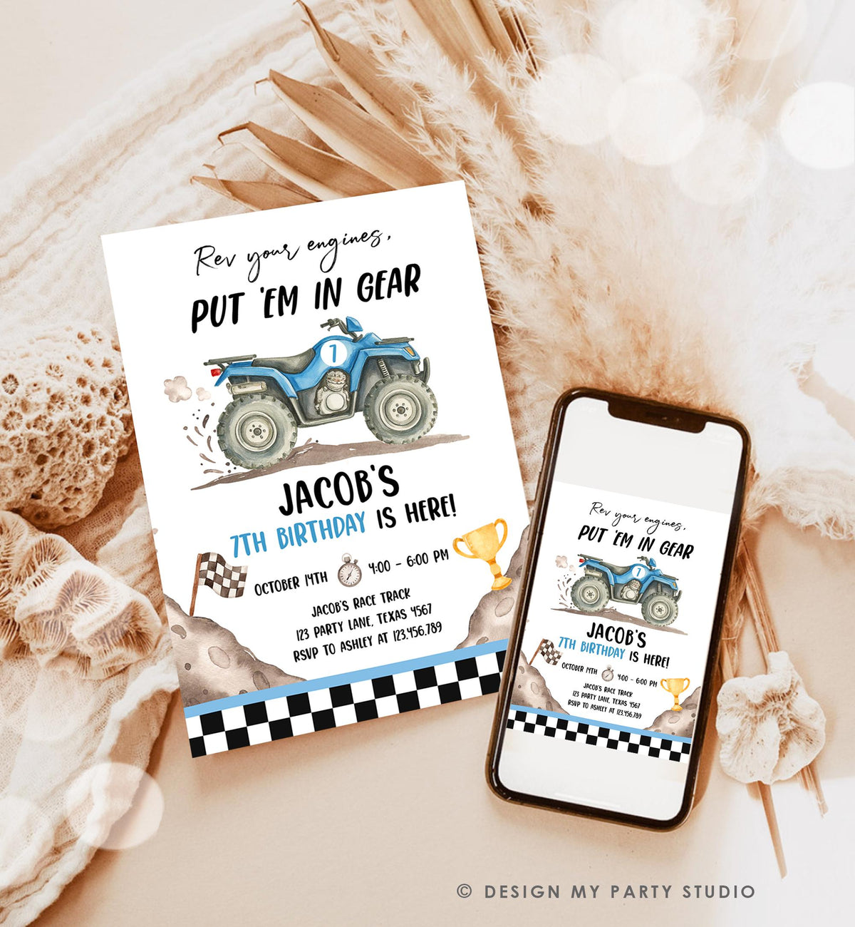 Editable Quad Birthday Invitation ATV Rev Your Engines Race on Over Off-Road Vehicle Blue Boy Digital Template Printable 0566