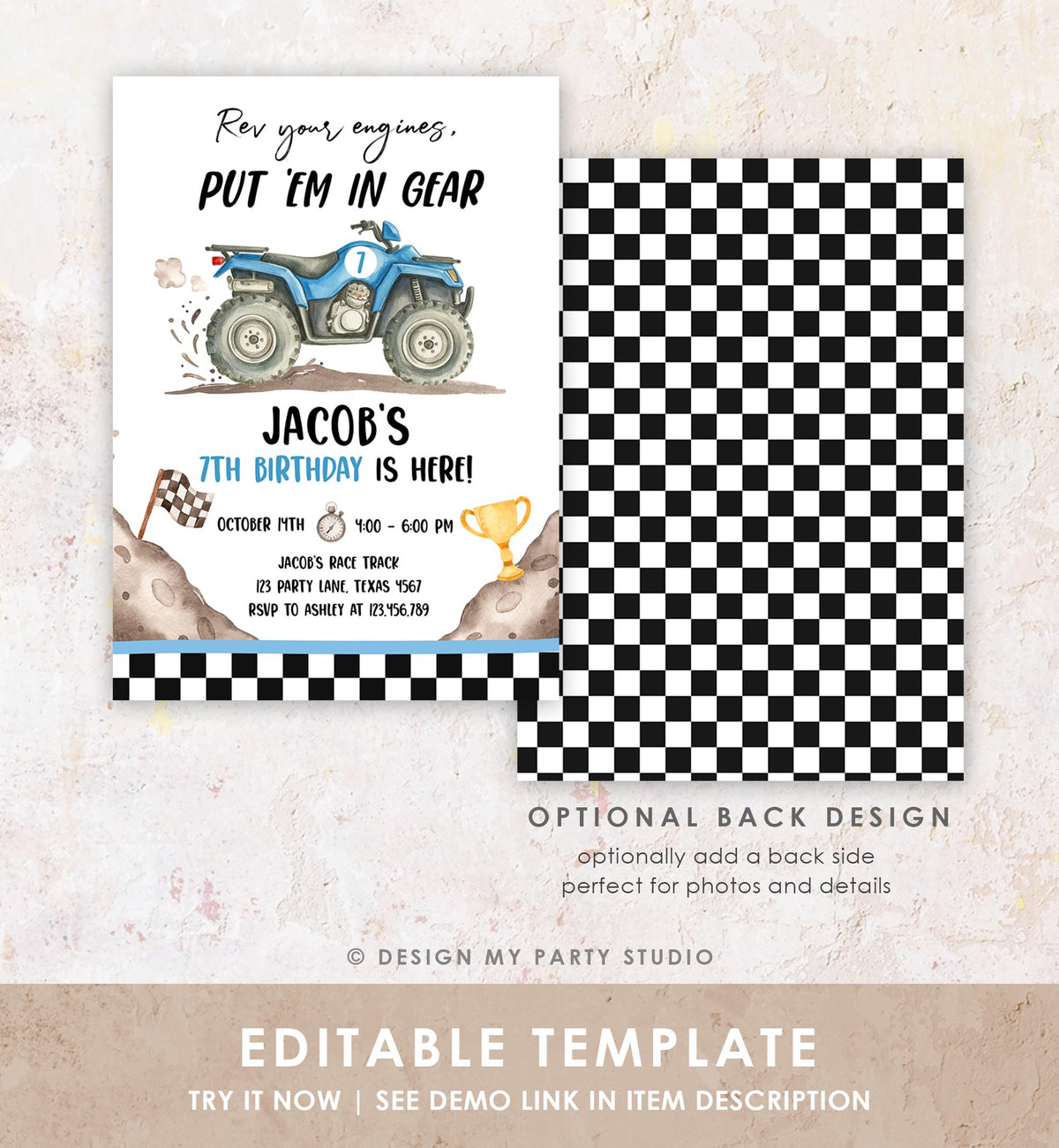 Editable Quad Birthday Invitation ATV Rev Your Engines Race on Over Off-Road Vehicle Blue Boy Digital Template Printable 0566