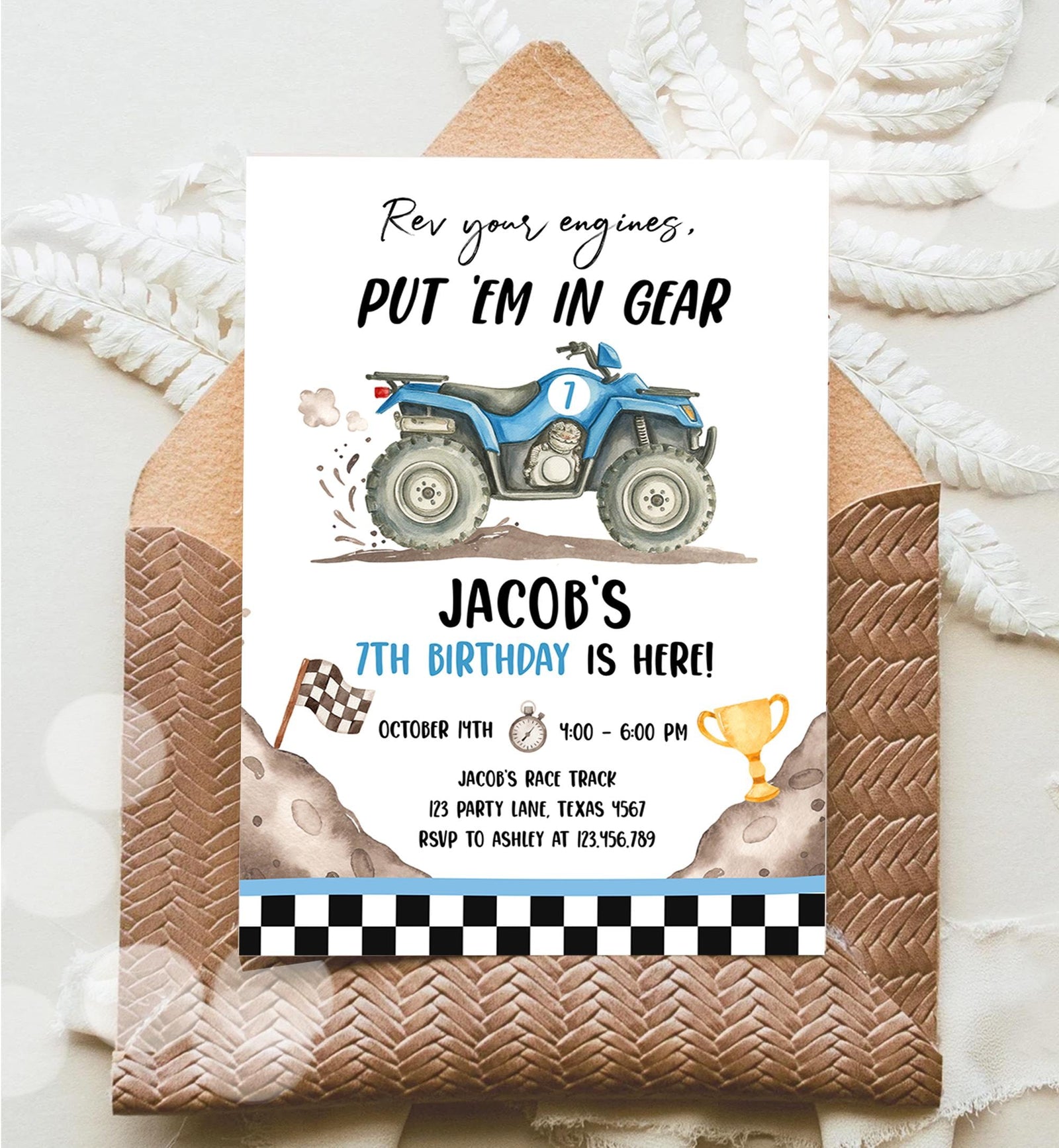 Editable Quad Birthday Invitation ATV Rev Your Engines Race on Over Off-Road Vehicle Blue Boy Digital Template Printable 0566