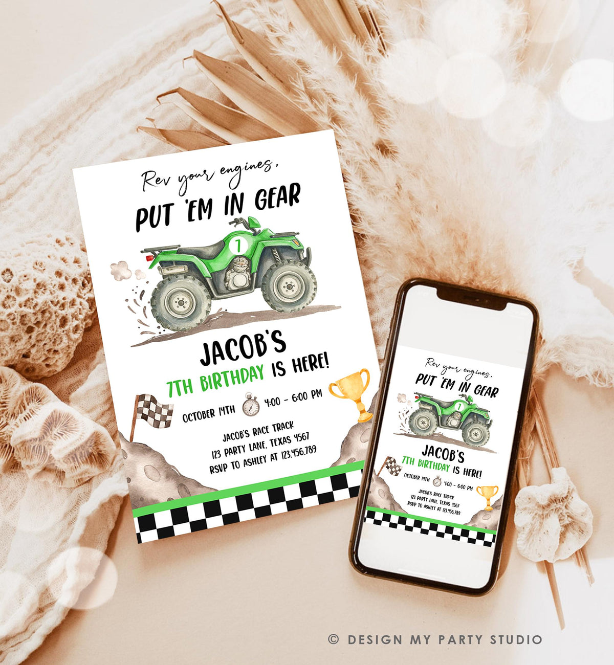 Editable Quad Birthday Invitation ATV Rev Your Engines Race on Over Off-Road Vehicle Green Boy Digital Evite Template Printable 0566