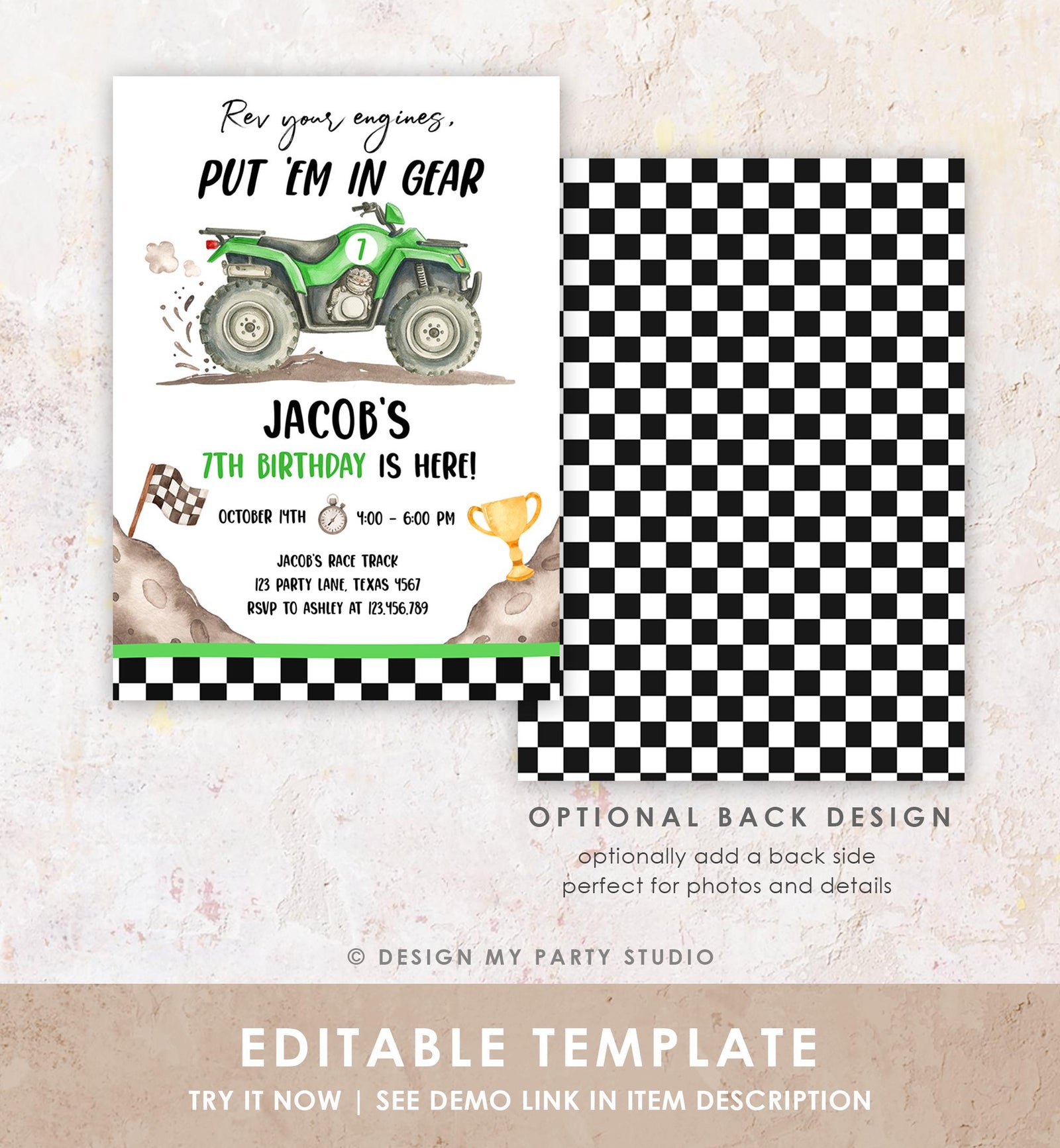 Editable Quad Birthday Invitation ATV Rev Your Engines Race on Over Off-Road Vehicle Green Boy Digital Evite Template Printable 0566
