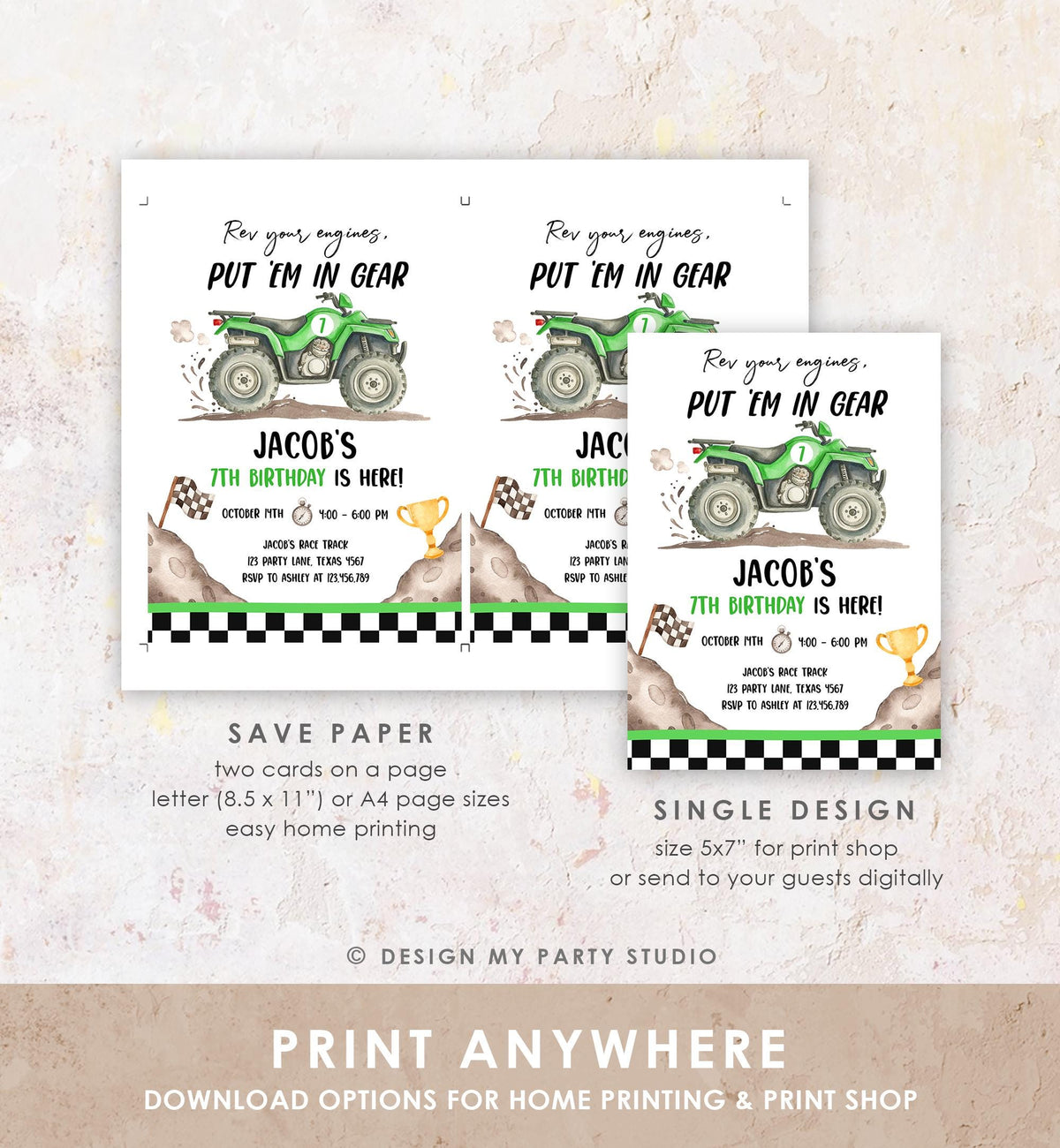 Editable Quad Birthday Invitation ATV Rev Your Engines Race on Over Off-Road Vehicle Green Boy Digital Evite Template Printable 0566