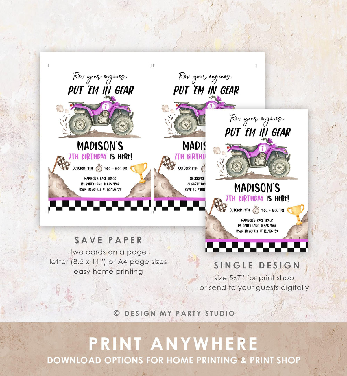 Editable Quad Birthday Invitation ATV Rev Your Engines Race on Over Off-Road Vehicle Purple Girl Digital Evite Template Printable 0566