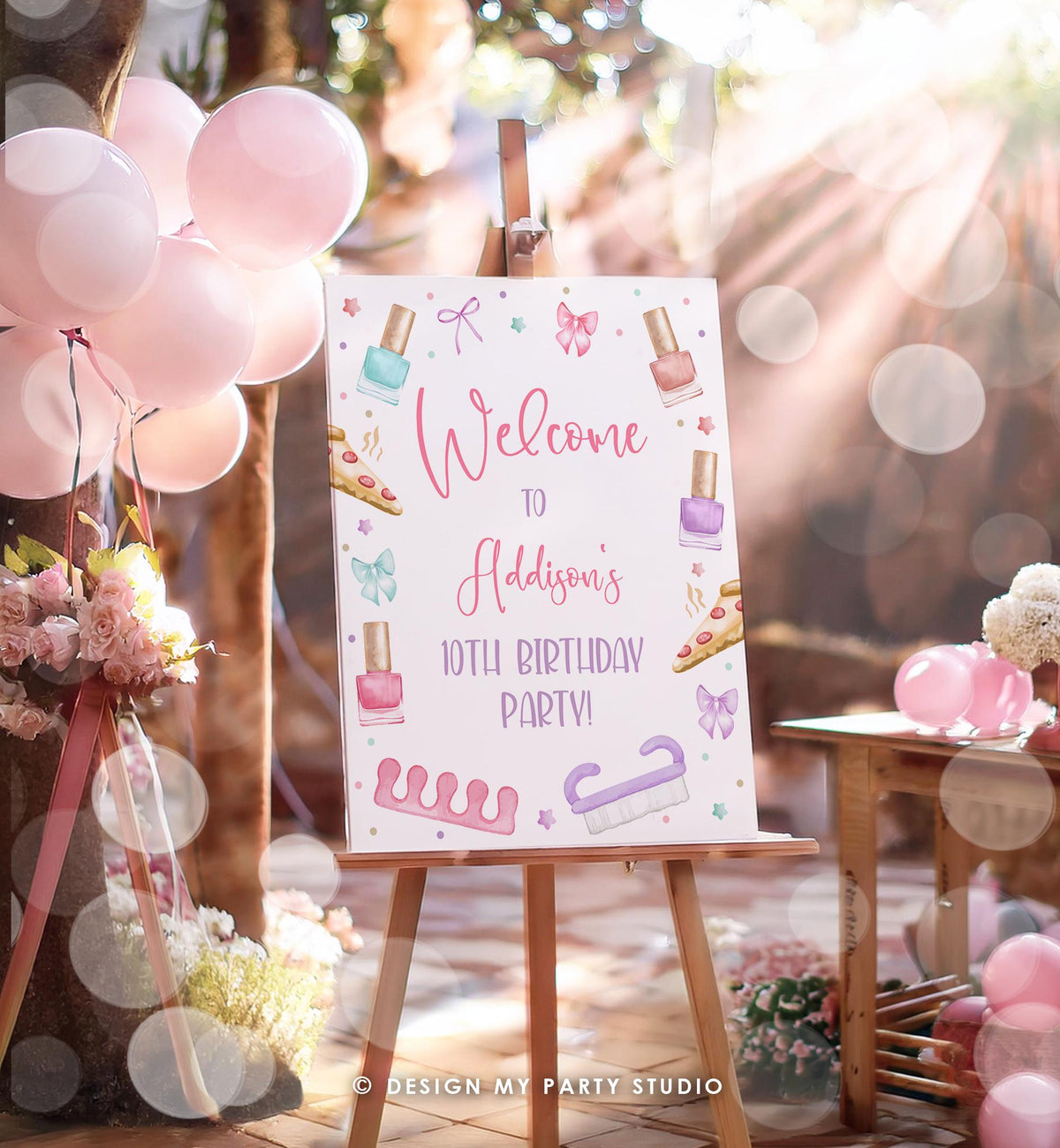 Editable Manicure and Pedicure Welcome Sign Mani-Pedi Party Spa Birthday Girl Nail Salon Polish Pizza Pink Digital Template Printable 0562