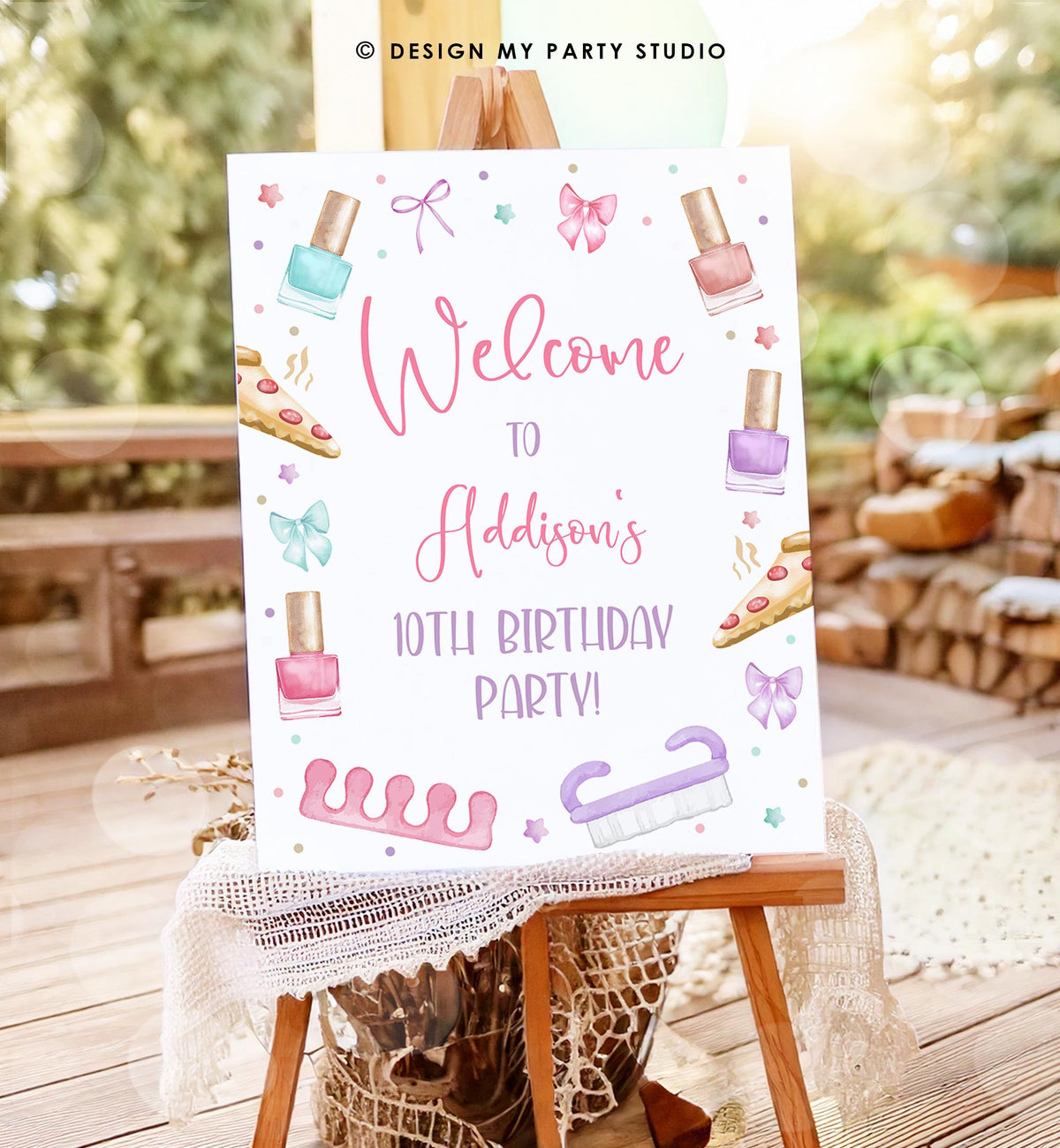 Editable Manicure and Pedicure Welcome Sign Mani-Pedi Party Spa Birthday Girl Nail Salon Polish Pizza Pink Digital Template Printable 0562