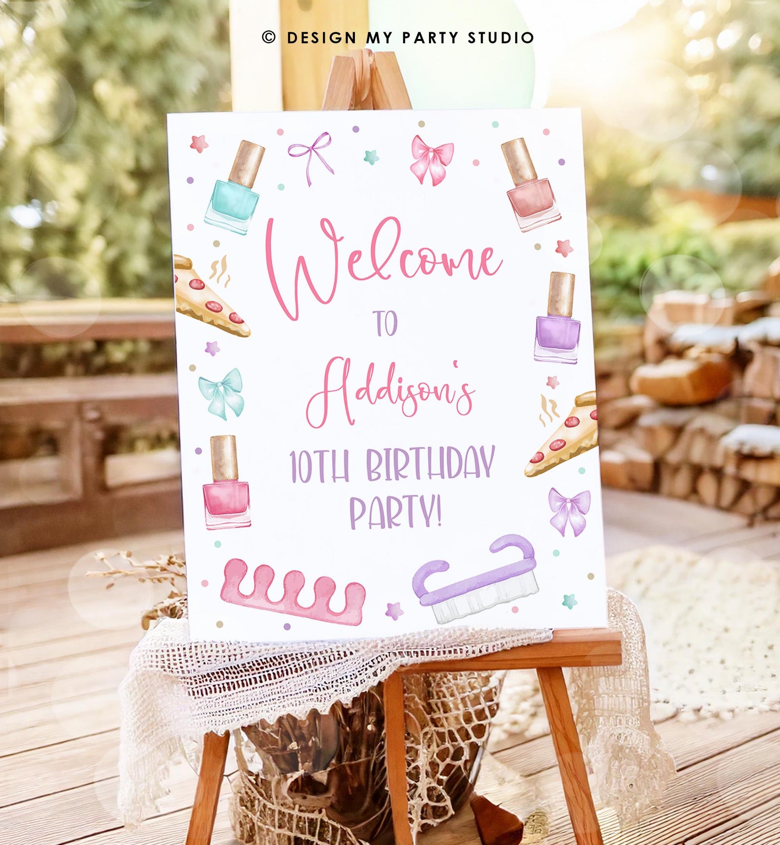 Editable Manicure and Pedicure Welcome Sign Mani-Pedi Party Spa Birthday Girl Nail Salon Polish Pizza Pink Digital Template Printable 0562