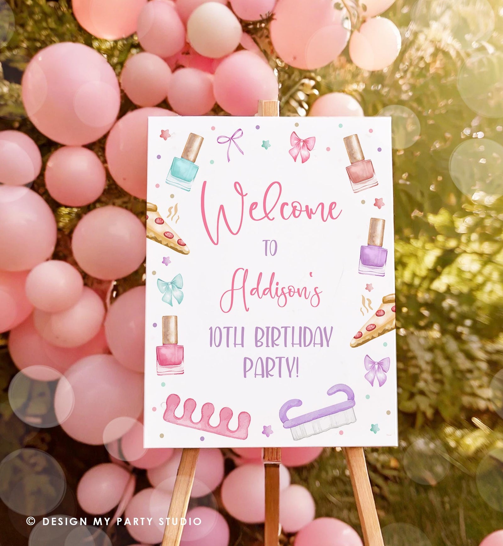 Editable Manicure and Pedicure Welcome Sign Mani-Pedi Party Spa Birthday Girl Nail Salon Polish Pizza Pink Digital Template Printable 0562