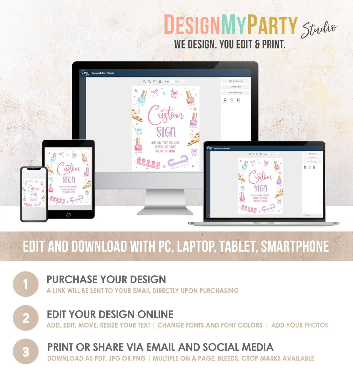 Editable Manicure and Pedicure Custom Sign Mani-Pedi Party Spa Birthday Nail Polish Salon Decor Pizza 8x10 Download Template Printable 0562