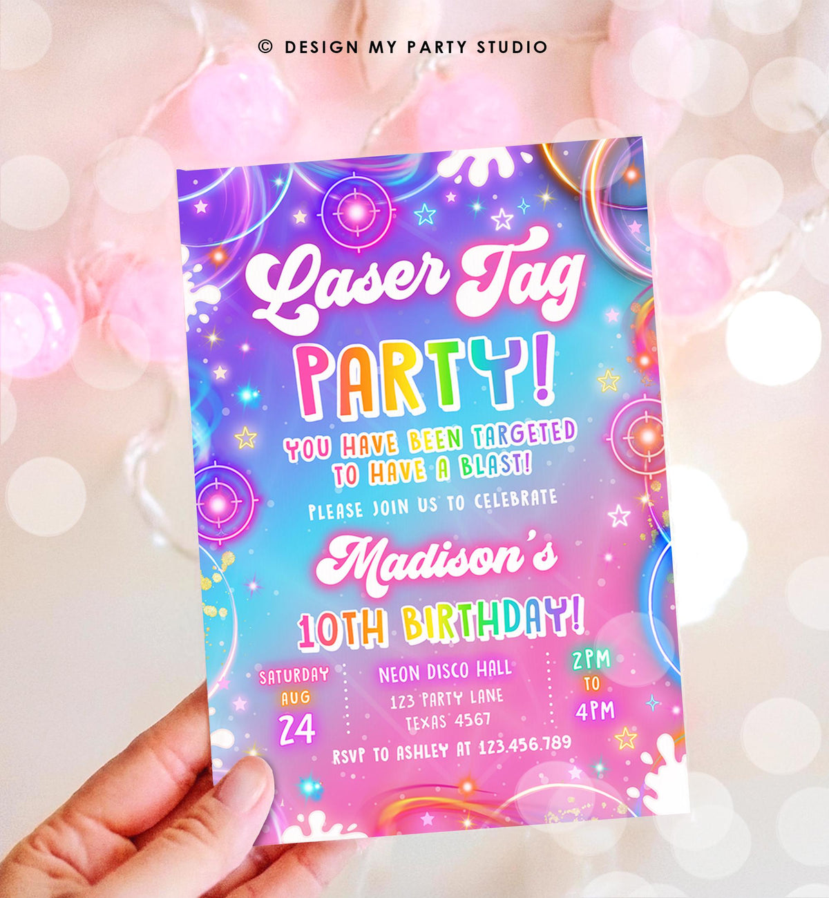Editable Laser Tag Birthday Invitation Girl Game Gamer Level Up Neon Glow Girl Epic Play Party Fun Digital Evite Template Printable 0568