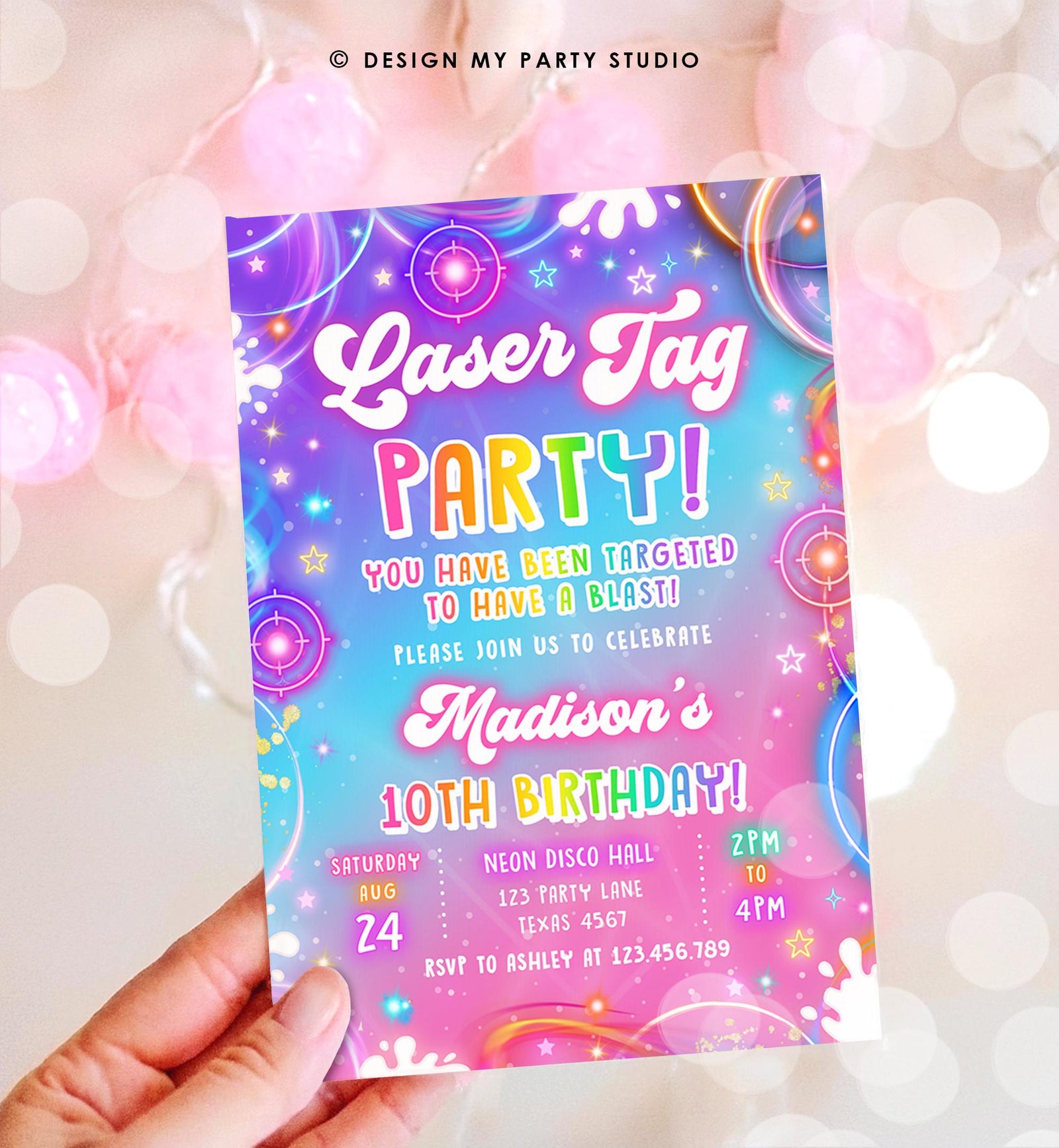 Editable Laser Tag Birthday Invitation Girl Game Gamer Level Up Neon Glow Girl Epic Play Party Fun Digital Evite Template Printable 0568