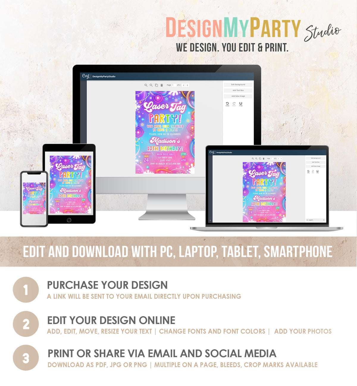 Editable Laser Tag Birthday Invitation Girl Game Gamer Level Up Neon Glow Girl Epic Play Party Fun Digital Evite Template Printable 0568