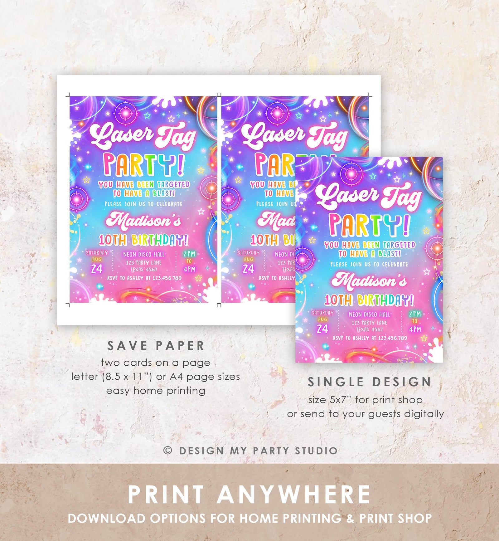 Editable Laser Tag Birthday Invitation Girl Game Gamer Level Up Neon Glow Girl Epic Play Party Fun Digital Evite Template Printable 0568