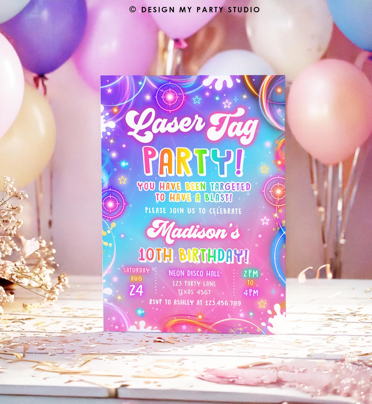Editable Laser Tag Birthday Invitation Girl Game Gamer Level Up Neon Glow Girl Epic Play Party Fun Digital Evite Template Printable 0568