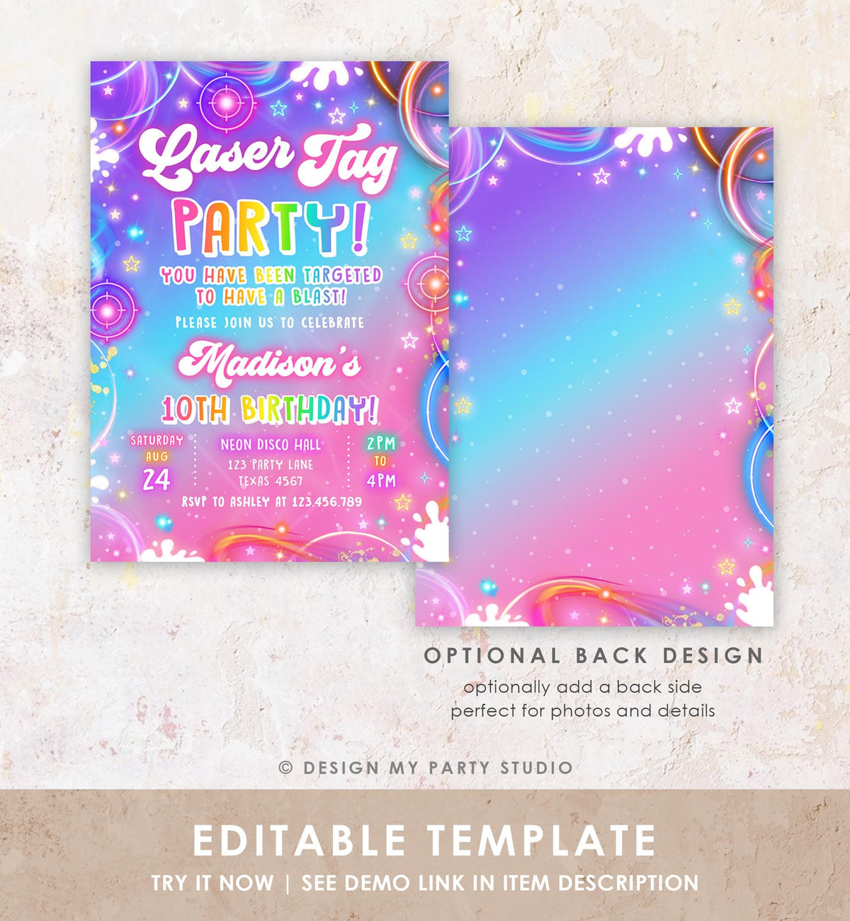 Editable Laser Tag Birthday Invitation Girl Game Gamer Level Up Neon Glow Girl Epic Play Party Fun Digital Evite Template Printable 0568
