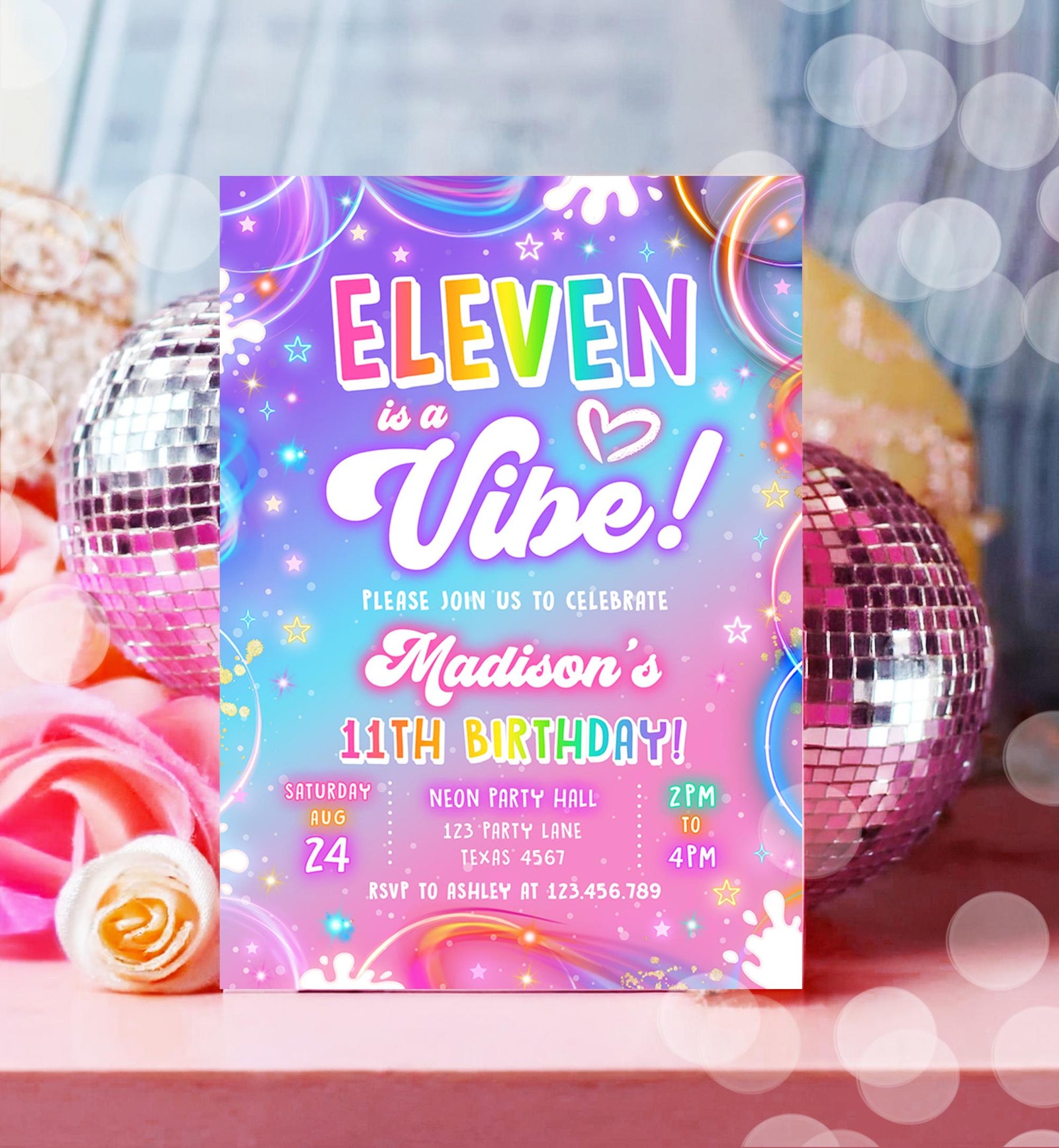 Editable Eleven is a Vibe Birthday Invitation Girl Retro Groovy 11th Neon Glow Girl Party Digital Evite Template Printable 0568