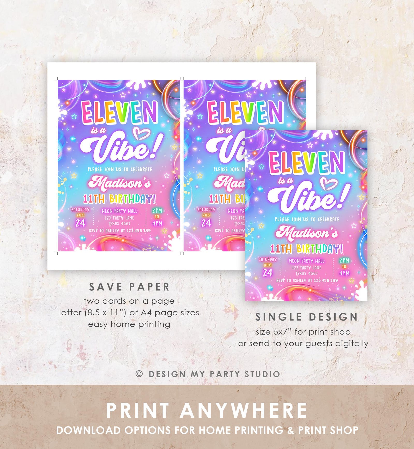 Editable Eleven is a Vibe Birthday Invitation Girl Retro Groovy 11th Neon Glow Girl Party Digital Evite Template Printable 0568