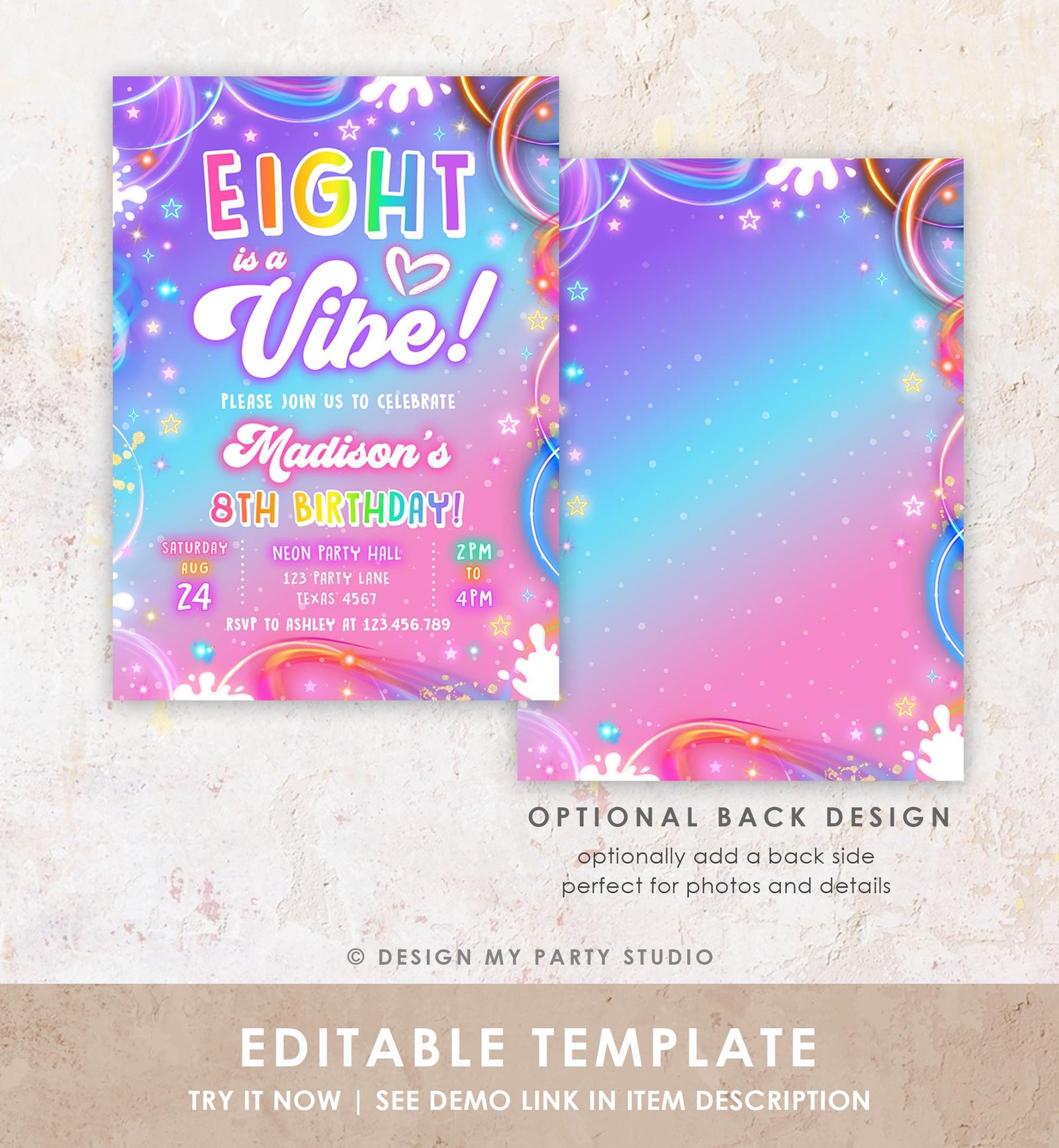 Editable Eight is a Vibe Birthday Invitation Girl Retro Groovy 8th Neon Glow Girl Party Digital Evite Template Printable 0568
