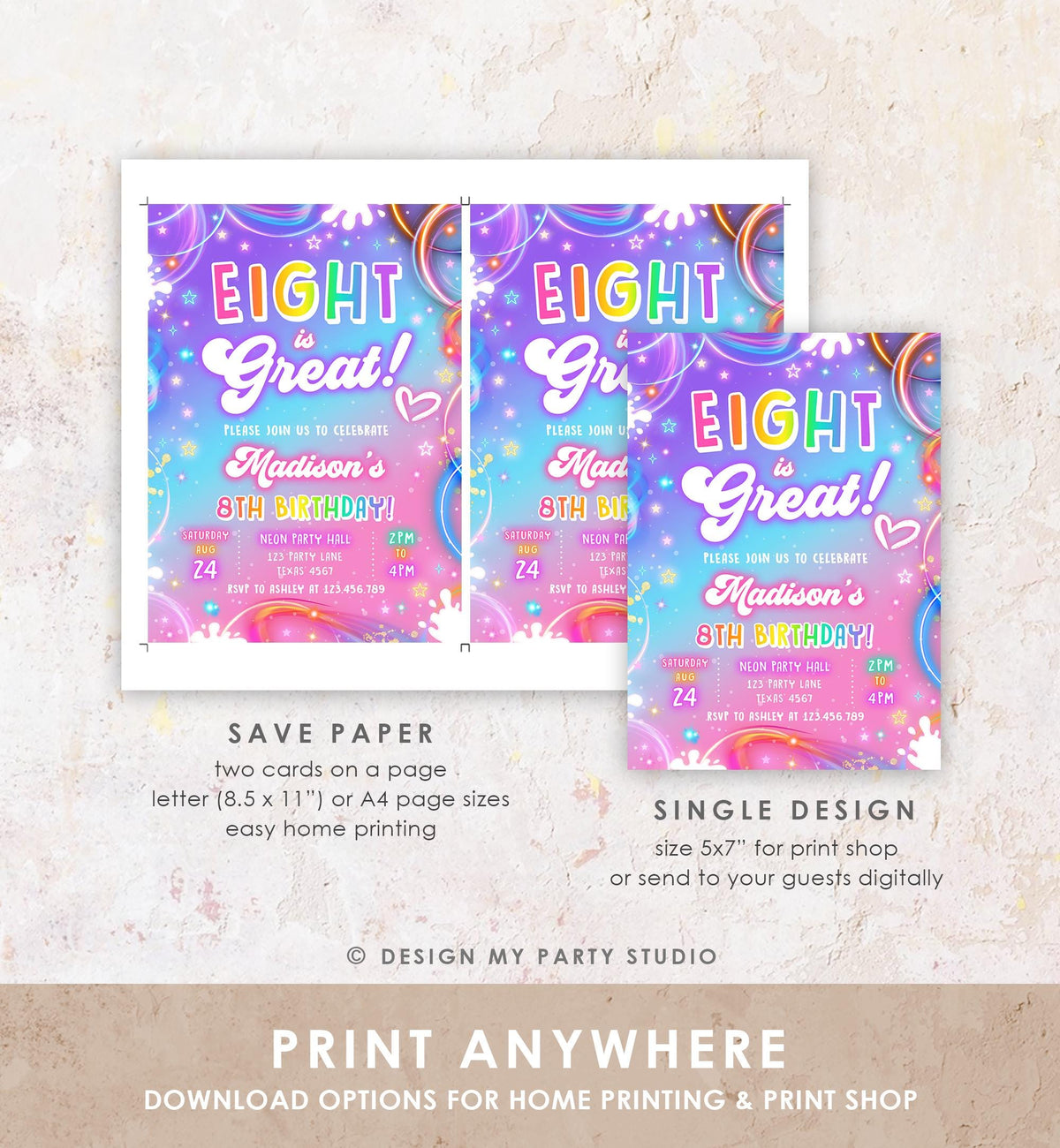 Editable Eight is Great Birthday Invitation Girl Retro Groovy Vibe 8th Neon Glow Girl Party Digital Evite Template Printable 0568