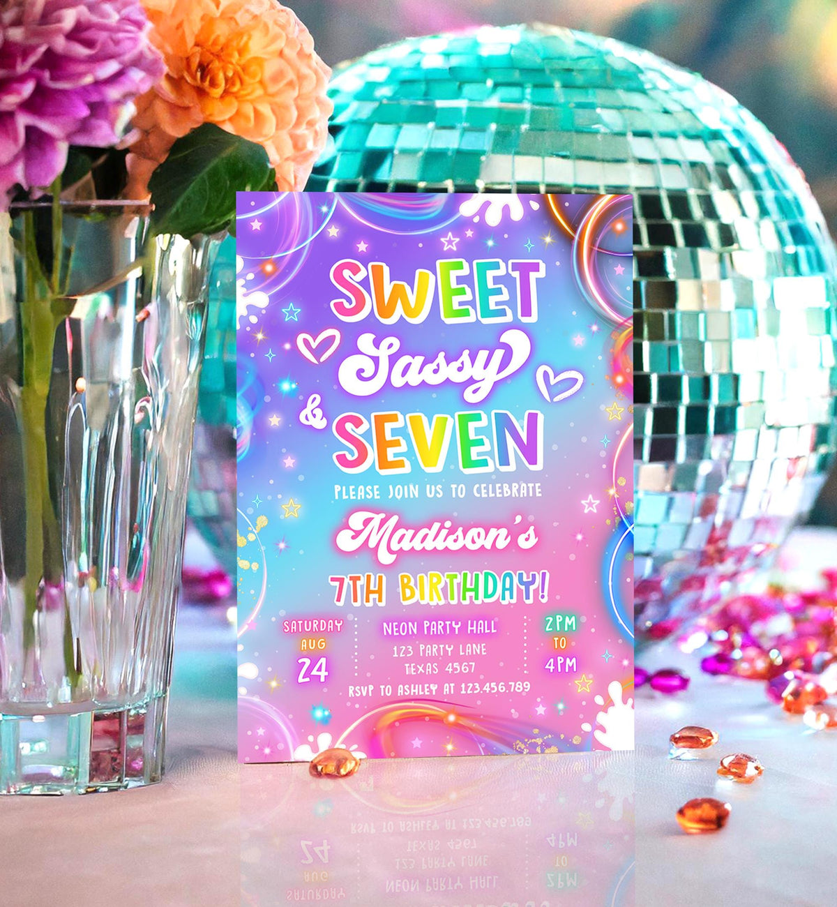 Editable Sweet Sassy And Seven Birthday Invitation 67 Girl Retro Groovy Vibe 7th Neon Glow Girl Party Digital Evite Template Printable 0568