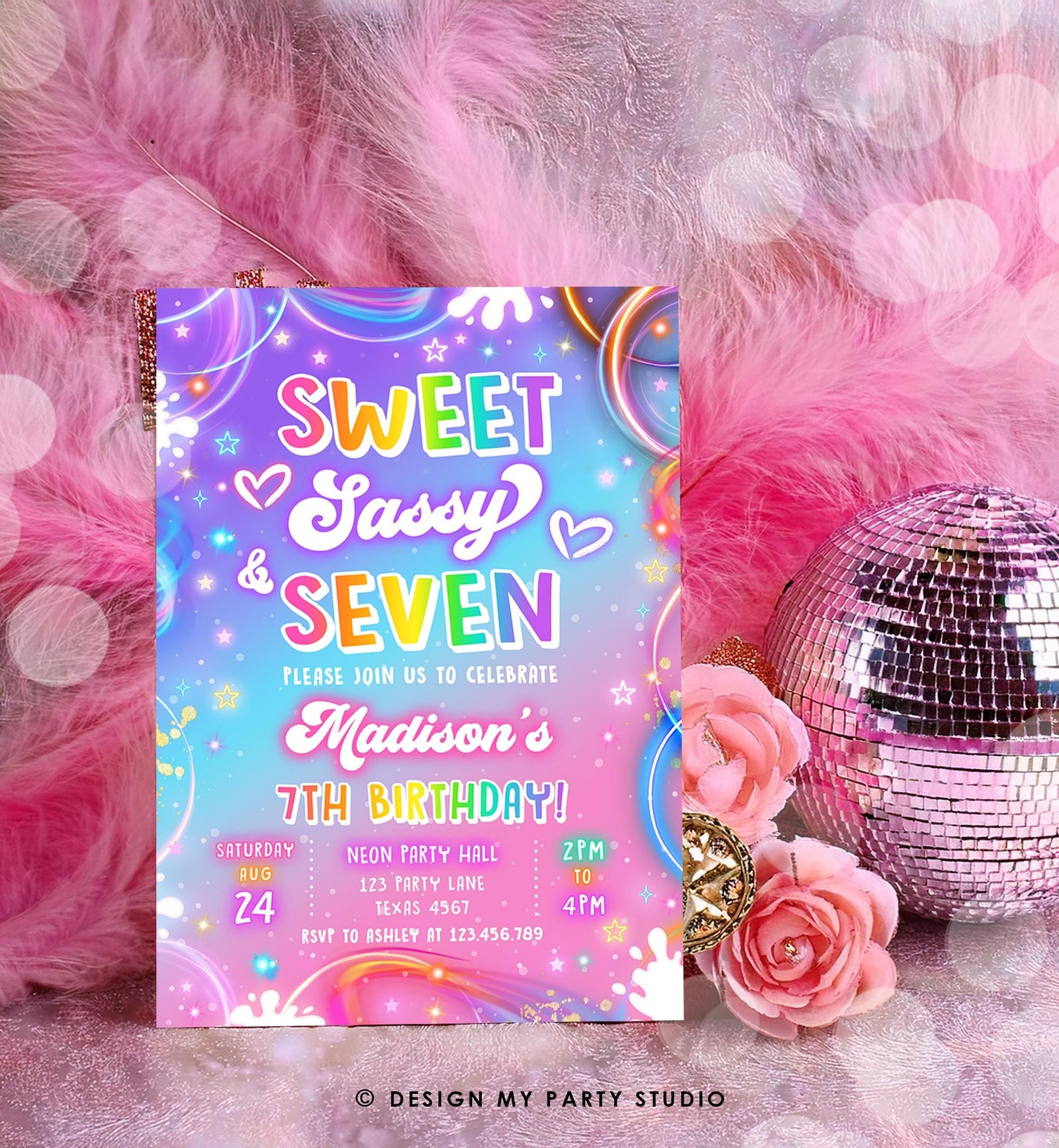 Editable Sweet Sassy And Seven Birthday Invitation 67 Girl Retro Groovy Vibe 7th Neon Glow Girl Party Digital Evite Template Printable 0568