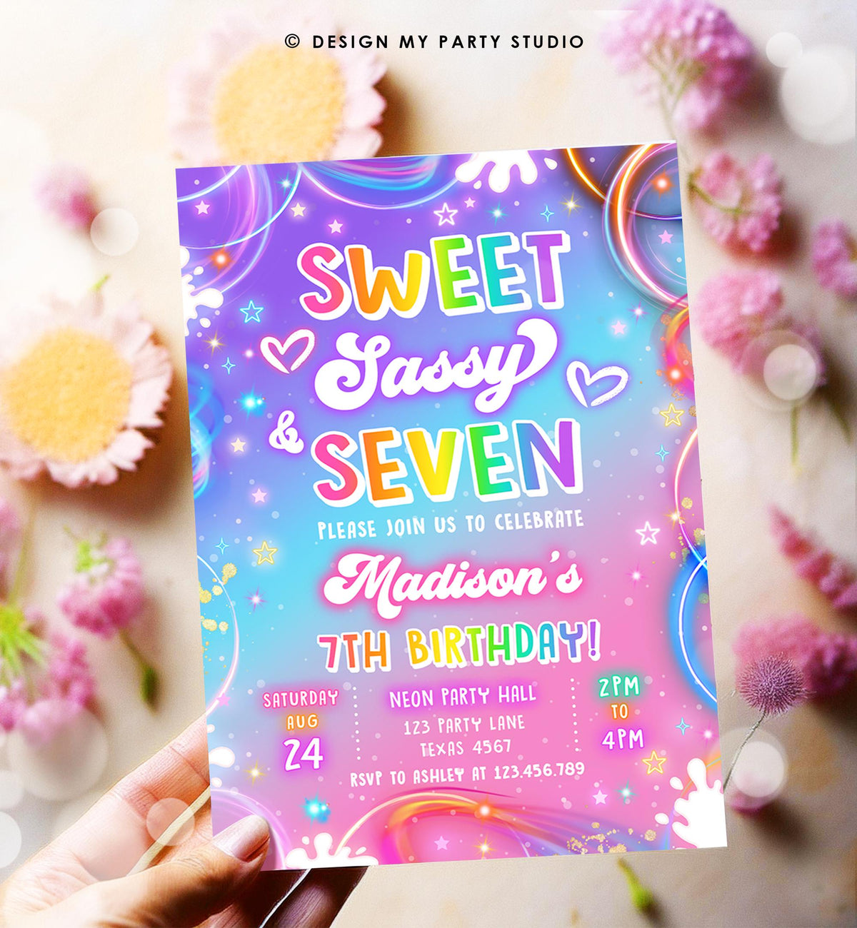 Editable Sweet Sassy And Seven Birthday Invitation 67 Girl Retro Groovy Vibe 7th Neon Glow Girl Party Digital Evite Template Printable 0568