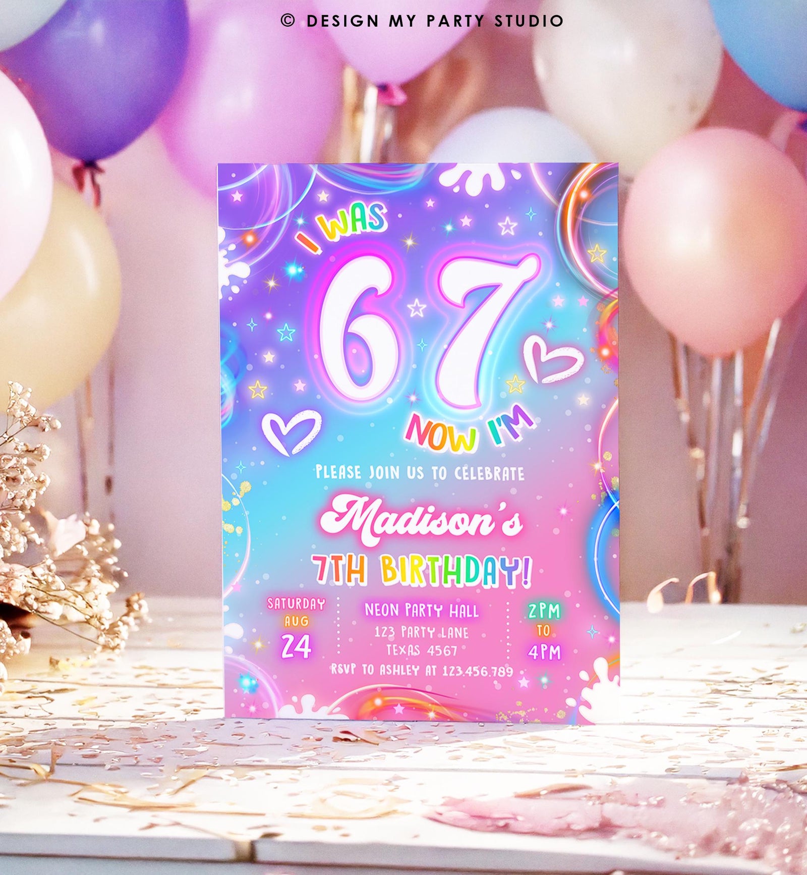 Editable 6 7 Birthday Invitation Girl 7th Retro Groovy Vibe Six Seven Neon Glow Girl Party Digital Evite Template Printable 0568