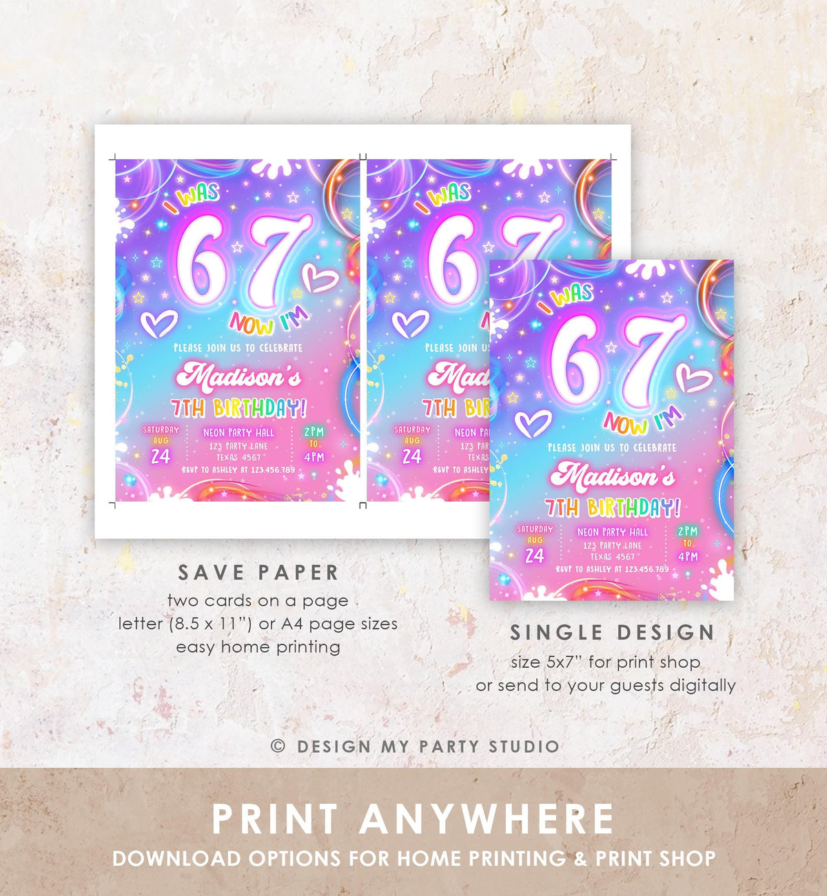 Editable 6 7 Birthday Invitation Girl 7th Retro Groovy Vibe Six Seven Neon Glow Girl Party Digital Evite Template Printable 0568