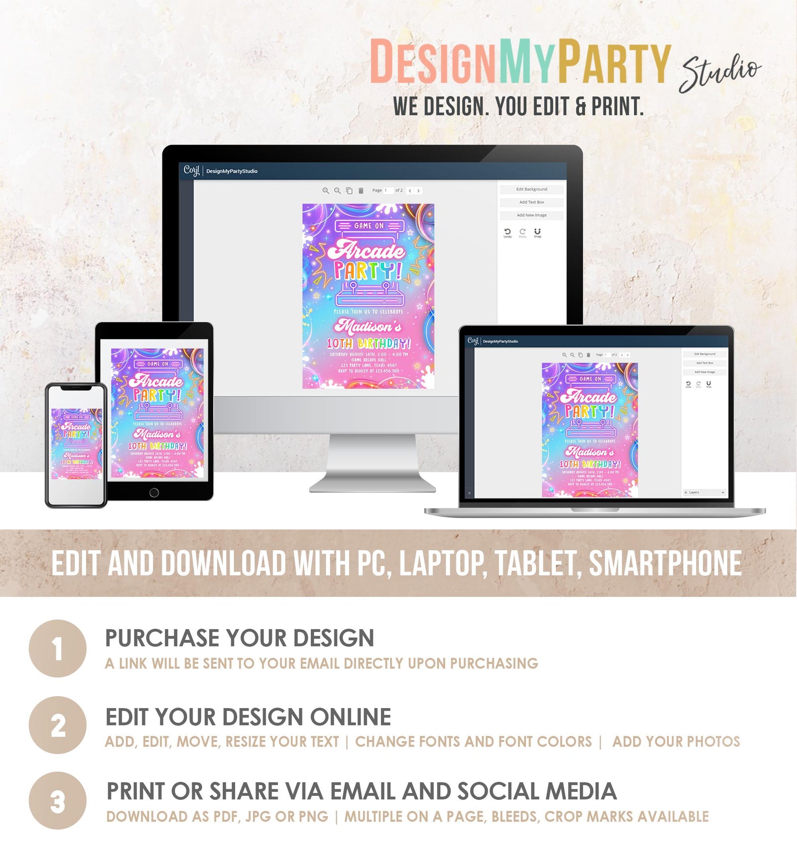 Editable Arcade Party Birthday Invitation Girl Game Gamer Level Up Neon Glow Girl Epic Play Party Fun Digital Evite Template Printable 0568