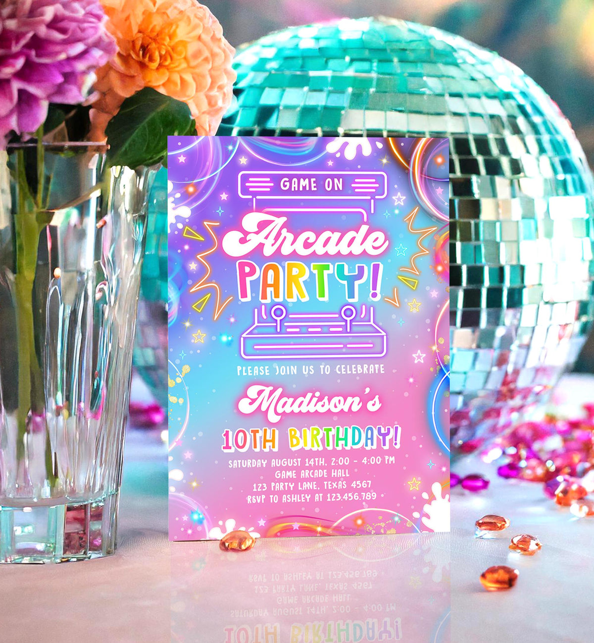 Editable Arcade Party Birthday Invitation Girl Game Gamer Level Up Neon Glow Girl Epic Play Party Fun Digital Evite Template Printable 0568