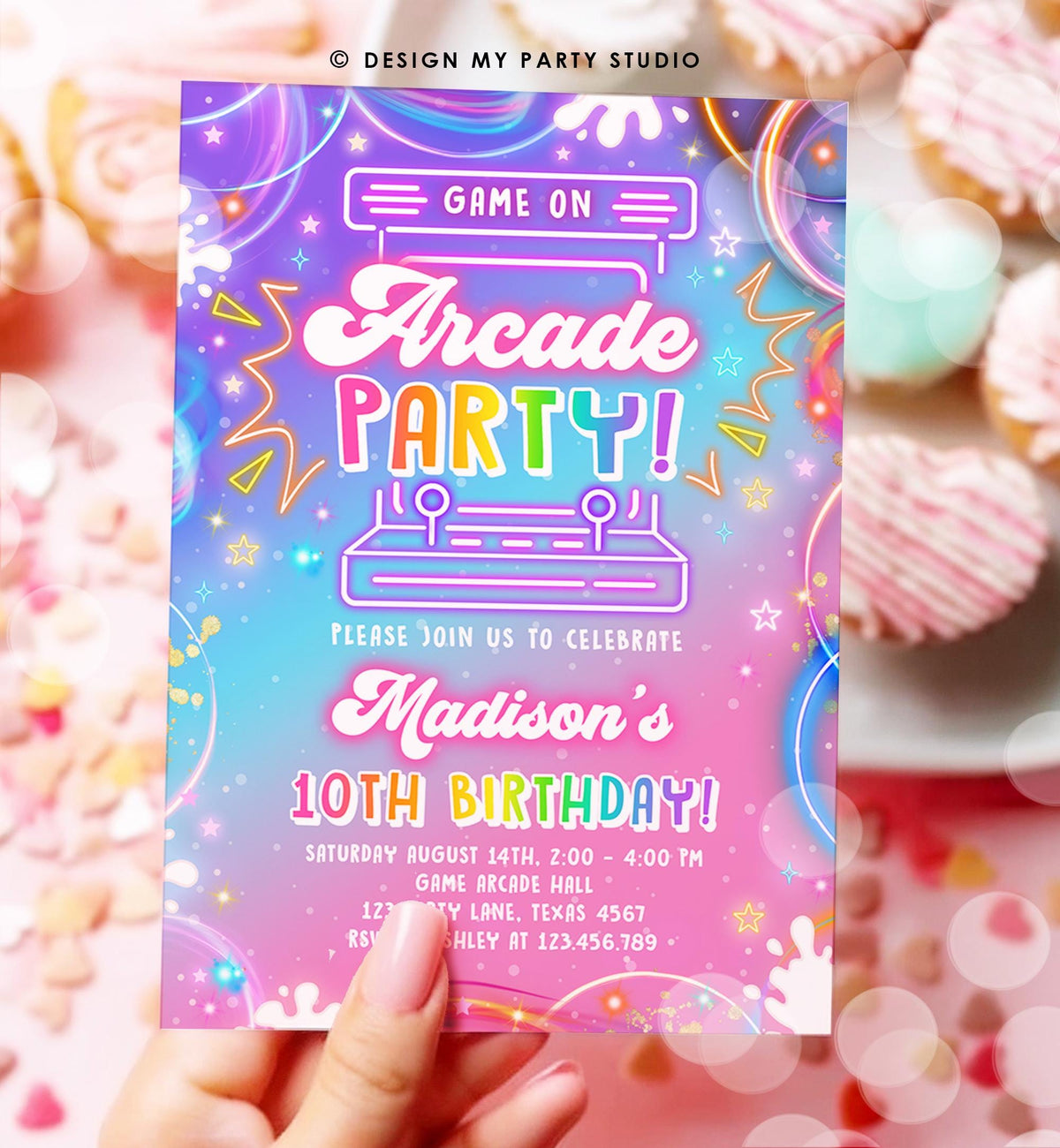 Editable Arcade Party Birthday Invitation Girl Game Gamer Level Up Neon Glow Girl Epic Play Party Fun Digital Evite Template Printable 0568