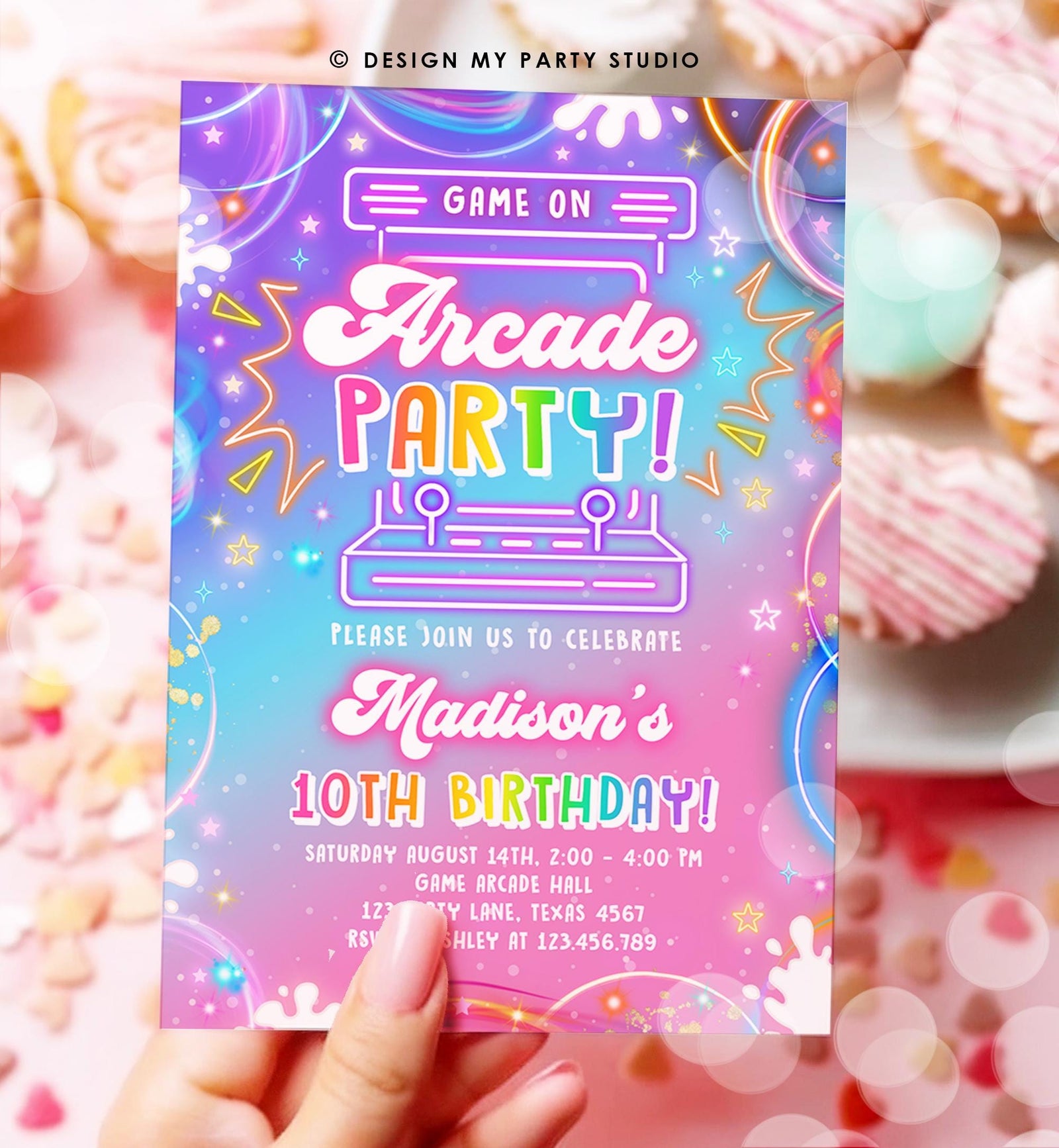 Editable Arcade Party Birthday Invitation Girl Game Gamer Level Up Neon Glow Girl Epic Play Party Fun Digital Evite Template Printable 0568