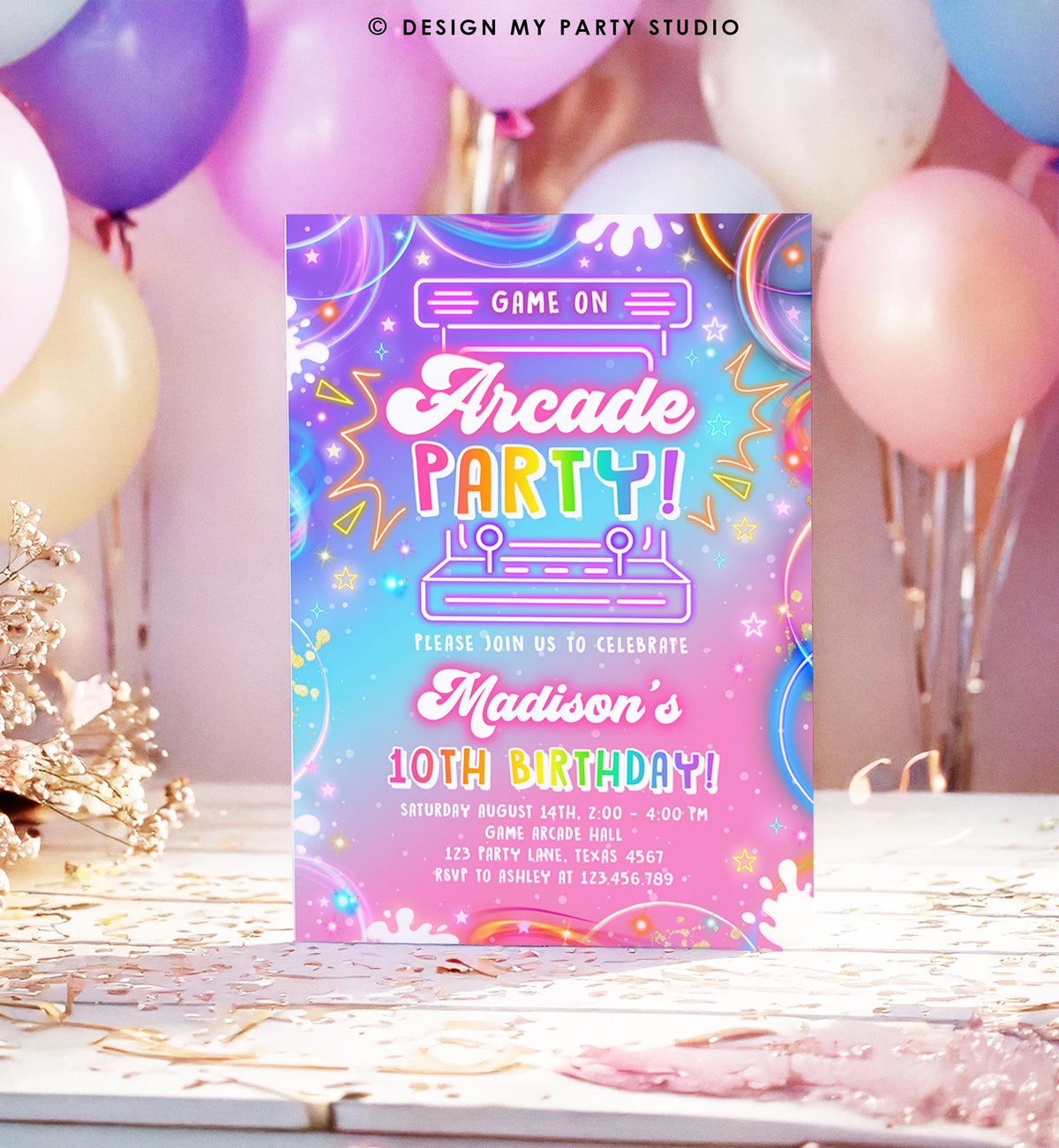 Editable Arcade Party Birthday Invitation Girl Game Gamer Level Up Neon Glow Girl Epic Play Party Fun Digital Evite Template Printable 0568