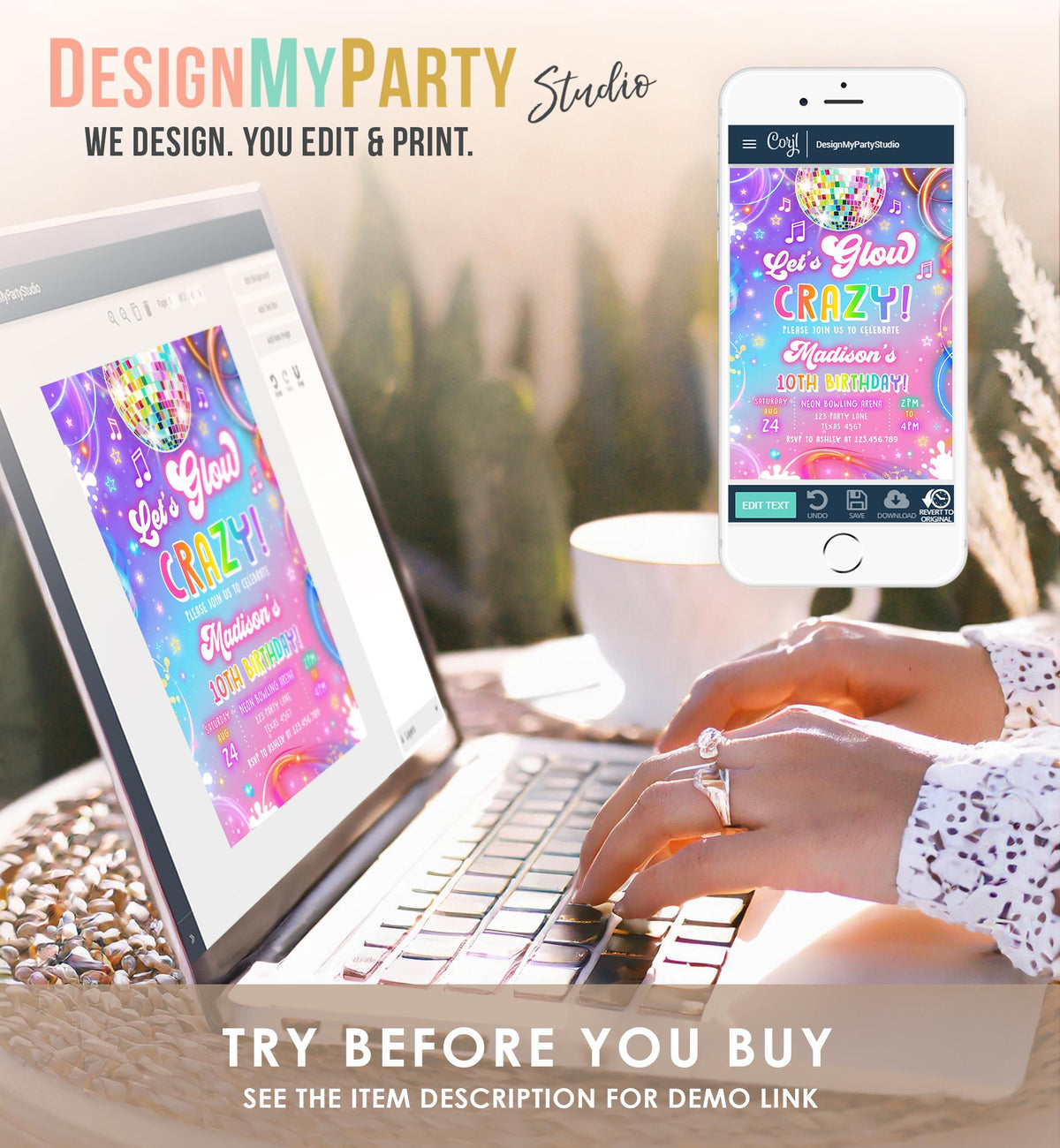 Editable Let's Glow Crazy Birthday Invitation Neon Glow Disco Party Girl Retro Groovy Digital Download Evite Template Printable 0568