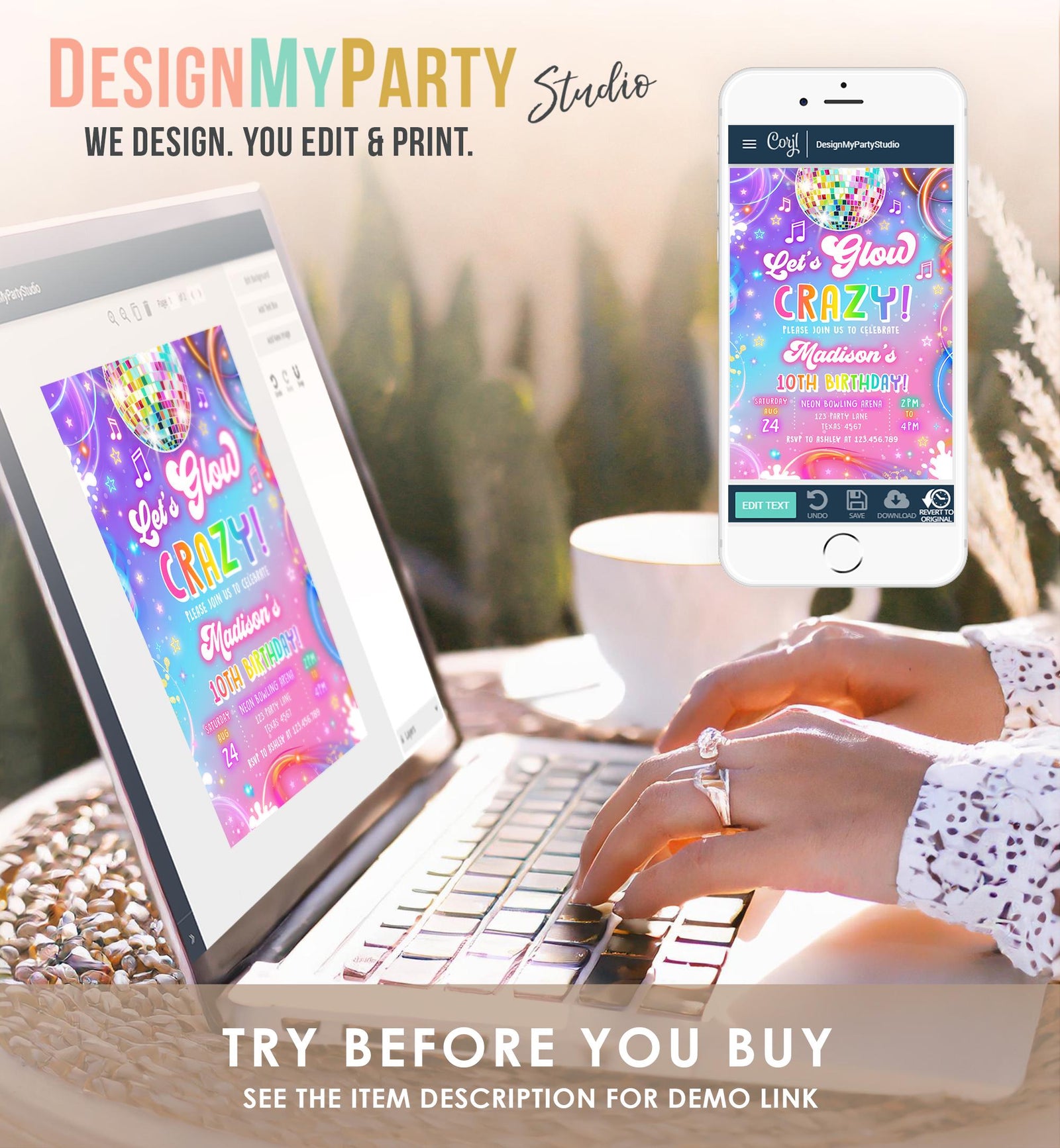 Editable Let's Glow Crazy Birthday Invitation Neon Glow Disco Party Girl Retro Groovy Digital Download Evite Template Printable 0568