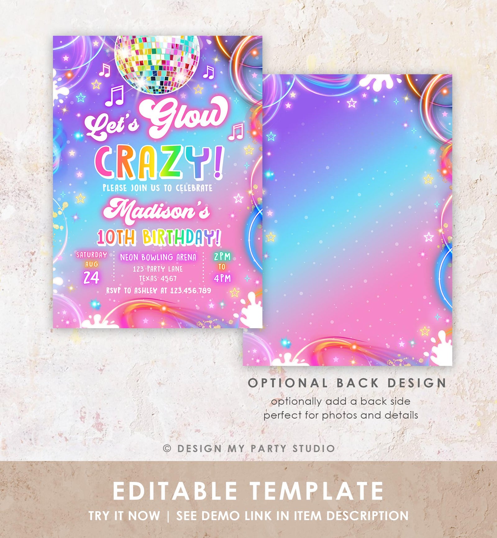 Editable Let's Glow Crazy Birthday Invitation Neon Glow Disco Party Girl Retro Groovy Digital Download Evite Template Printable 0568