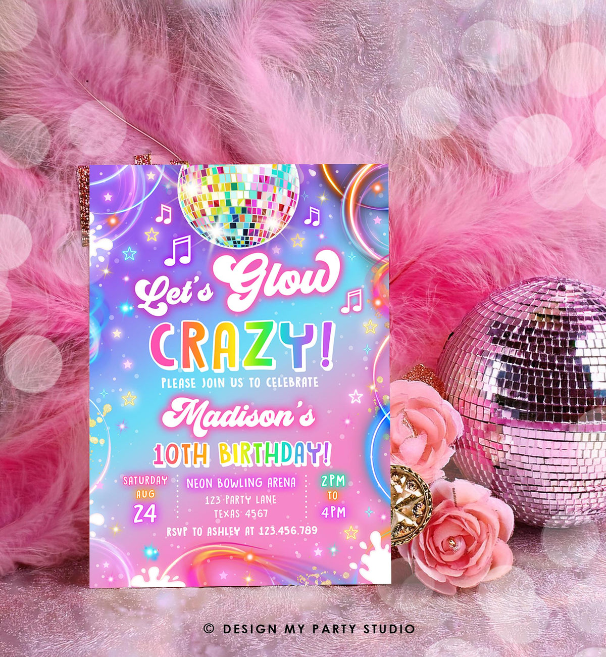 Editable Let's Glow Crazy Birthday Invitation Neon Glow Disco Party Girl Retro Groovy Digital Download Evite Template Printable 0568